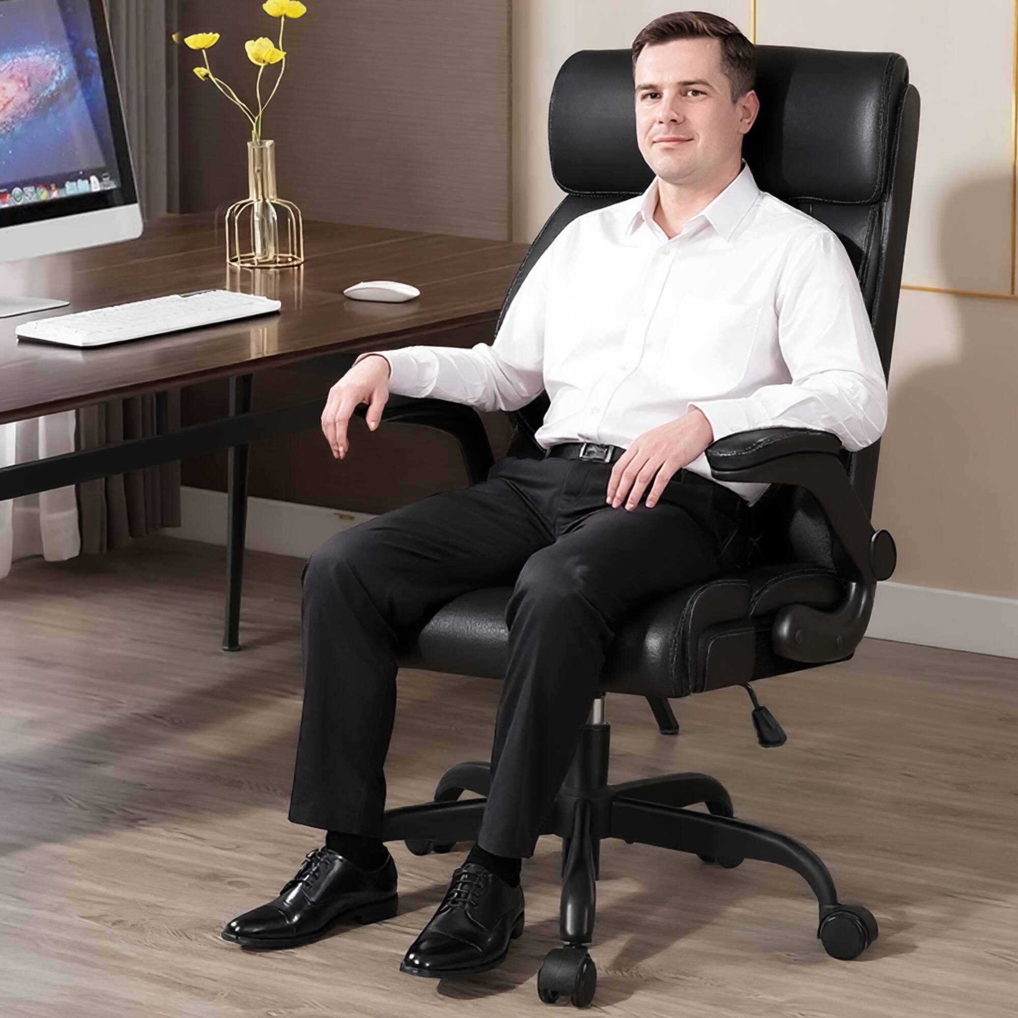 Alt View 6. Brick Attic - High-Back Executive Office Chair , Ergonomic Leather Chair with Adjustable Lumbar Support and Flip-Up Armrests - Black.