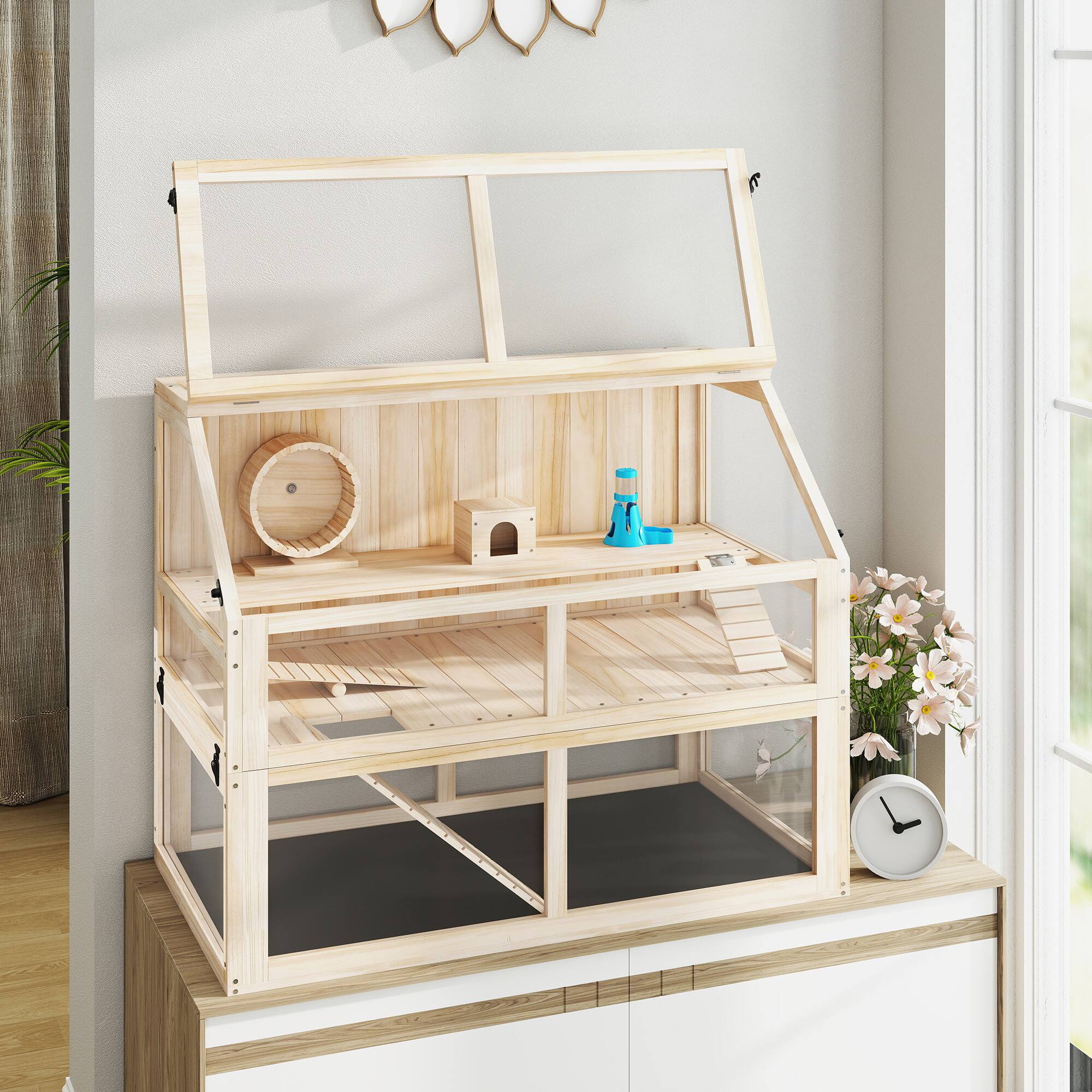 Alt View 8. Pawhut - Tier Wooden Hamster Cage w/ Detachable Bottom, Hut, Seesaw, Exercise Wheel, Ramps - Natural Wood.