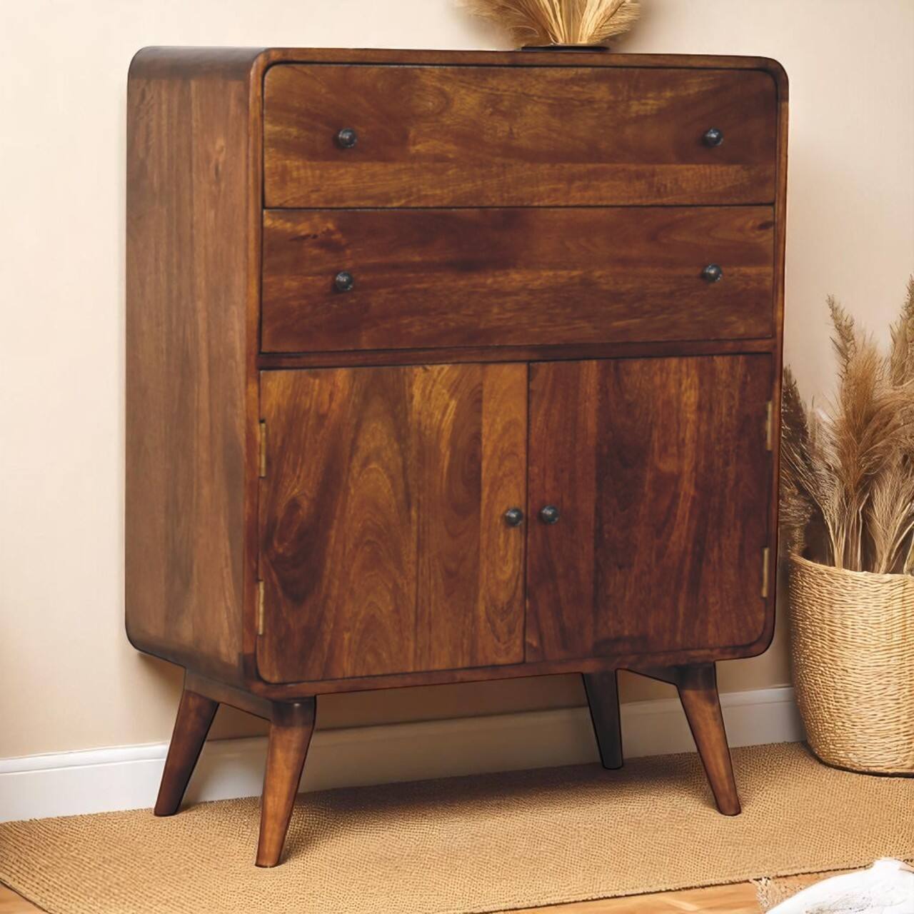 Angle. Artisan Furniture - Artisan Furniture Solid Wood Curved Nordic Charm Cabinet, 2 Drawers, 2 Doors, Dark Brown - Dark Brown.