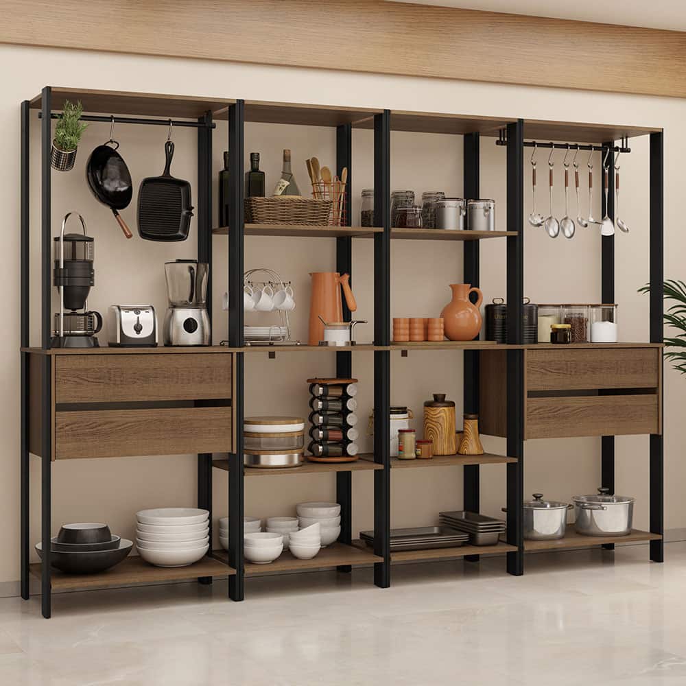 "Madesa - Kitchen Pantry Storage Rack with 4 Drawers, Open Shelves and Hanging Spaces 102""L - Black/Brown - Rustic/Black" price history on PriceWatchPro