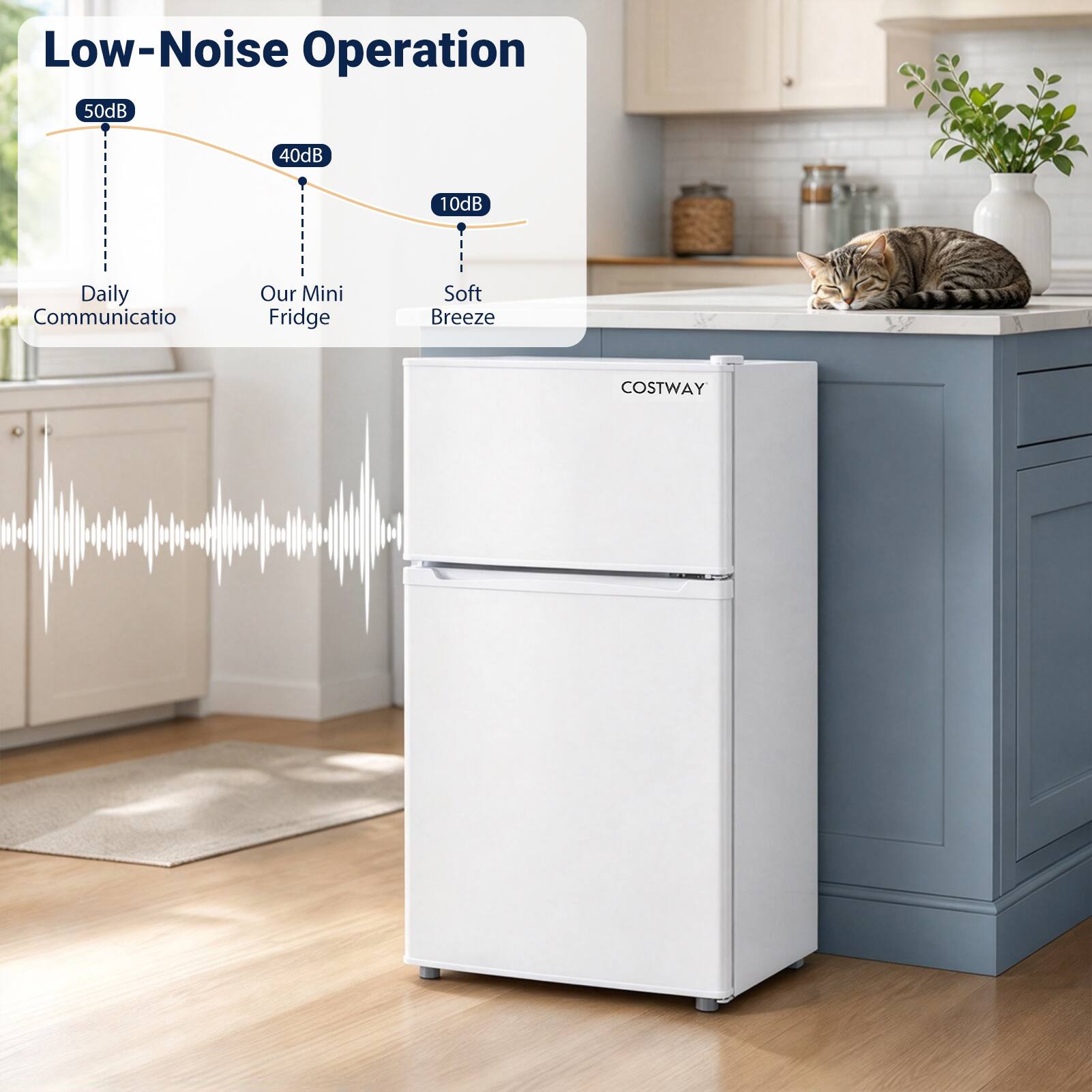 Low-Noise Operation  
50dB  
40dB  
10dB  
Daily Communication  
Our Mini Fridge  
Soft Breeze  
COSTWAY
