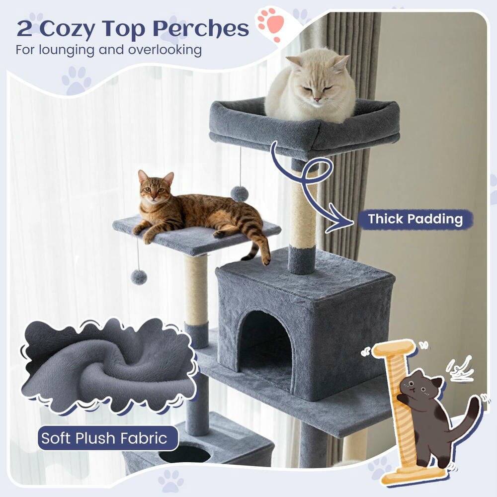 2 Cozy Top Perches  
For lounging and overlooking  

Thick Padding  

Soft Plush Fabric