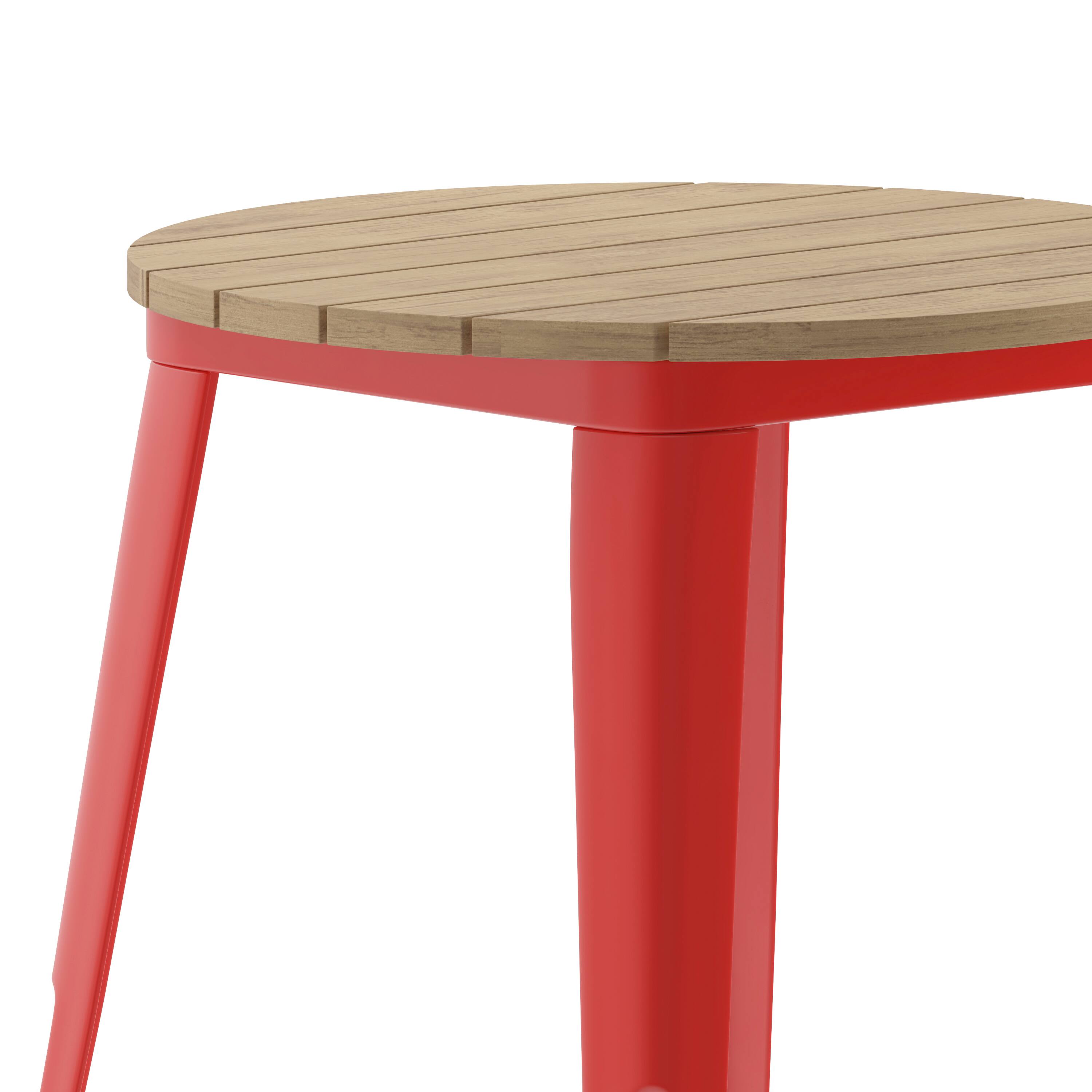 Alt View 9. Emma + Oliver - Drew Indoor/Outdoor Dining Table, 23.75" Round All Weather Poly Resin Top with Steel Base - Brown Top/Red Frame.