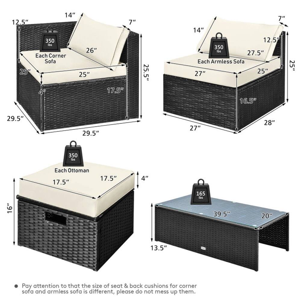 Each Corner Sofa:
- 14" (height)
- 12.5" (depth)
- 26" (width)
- 25" (depth)
- 25.5" (width)
- 7" (seat height)
- 17.5" (seat depth)
- 29.5" (overall width)
- 29.5" (overall depth)
- 4" (overall height)
- 350 lbs (weight capacity)

Each Armless Sofa:
- 14" (height)
- 12.5" (depth)
- 27.5" (width)
- 25" (depth)
- 27" (width)
- 16.5" (seat depth)
- 28" (overall width)
- 27" (overall depth)
- 4" (overall height)
- 350 lbs (weight capacity)

Each Ottoman:
- 17.5" (height)
- 17.5" (width)
- 4" (seat height)
- 16" (seat depth)
- 39.5" (overall width)
- 