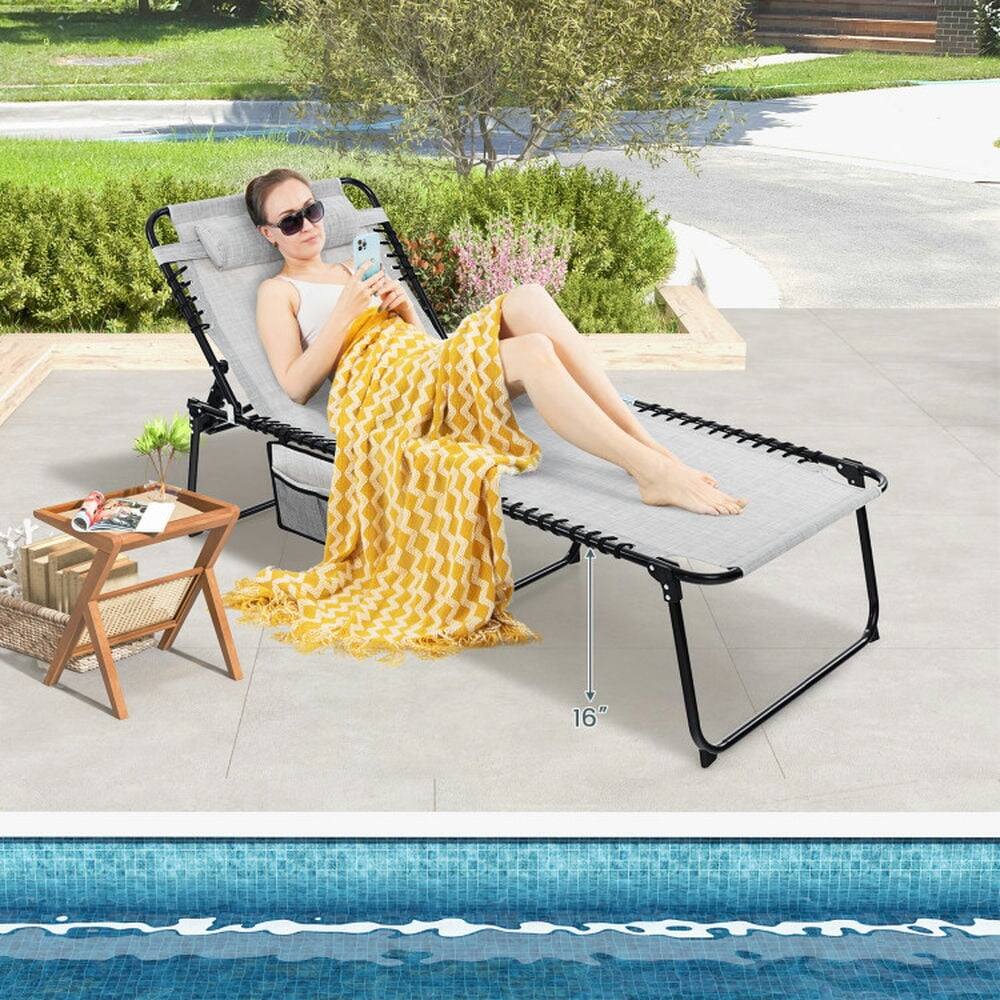 Left. Pefilos - Folding Lounge Chaise with Adjustable Backrest and Footrest, Patio 4-Position Oversize Foldable for Outdoor Lounge Chair - Gray.