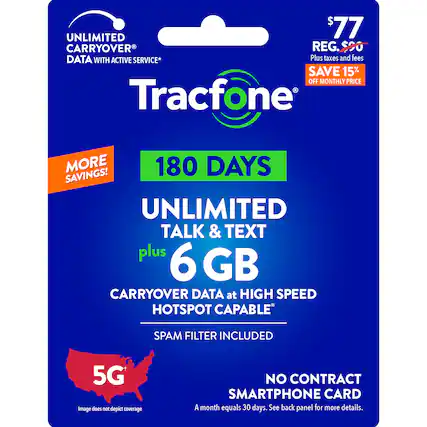 UNLIMITED TALK & TEXT plus 6 GB CARRYOVER DATA at HIGH SPEED HOTSPOT CAPABLE SPAM FILTER INCLUDED 5G Image does not depict coverage NO CONTRACT SMARTPHONE CARD A month equals 30 days. See back panel for more details.