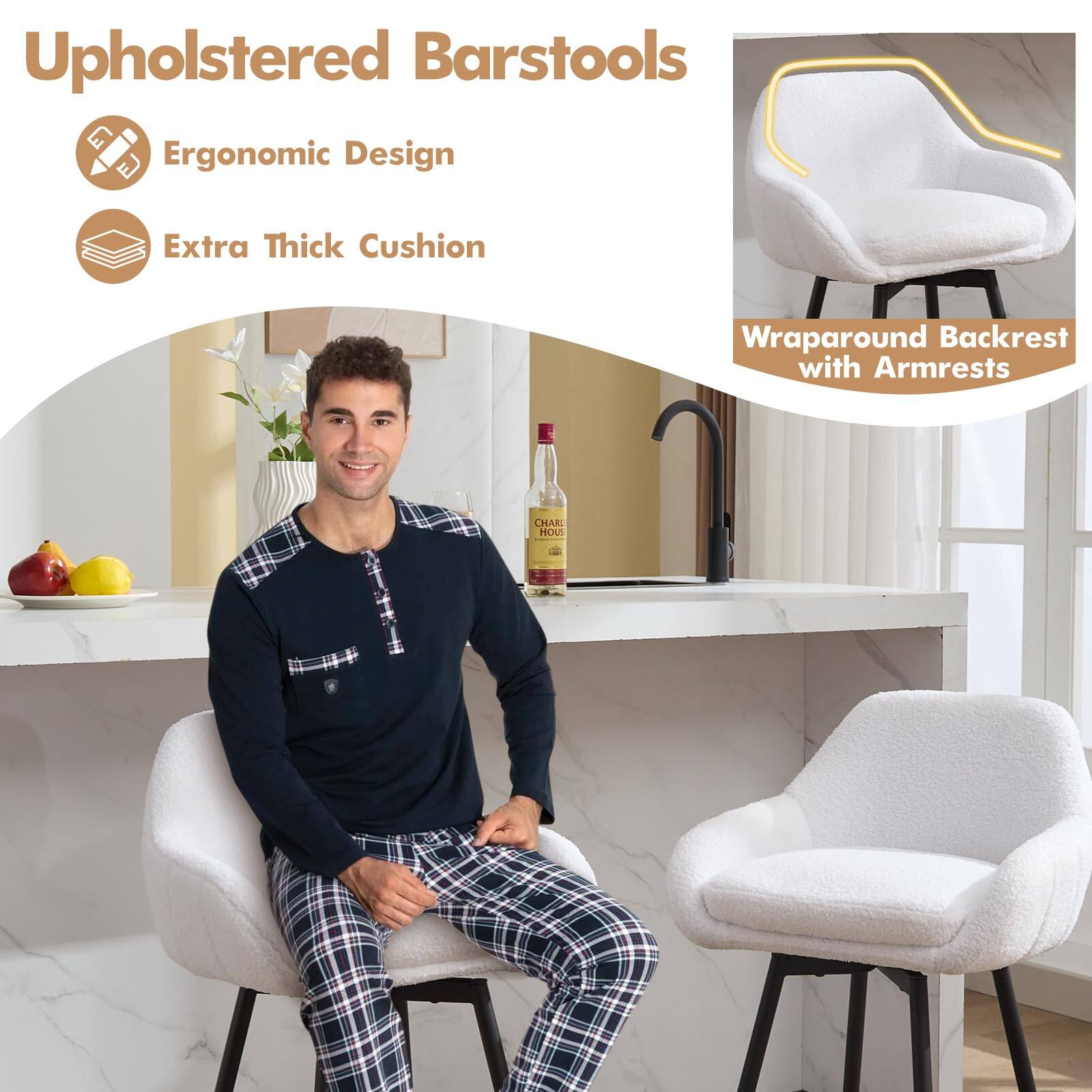 Upholstered Barstools

- Ergonomic Design
- Extra Thick Cushion
- Wraparound Backrest with Armrests