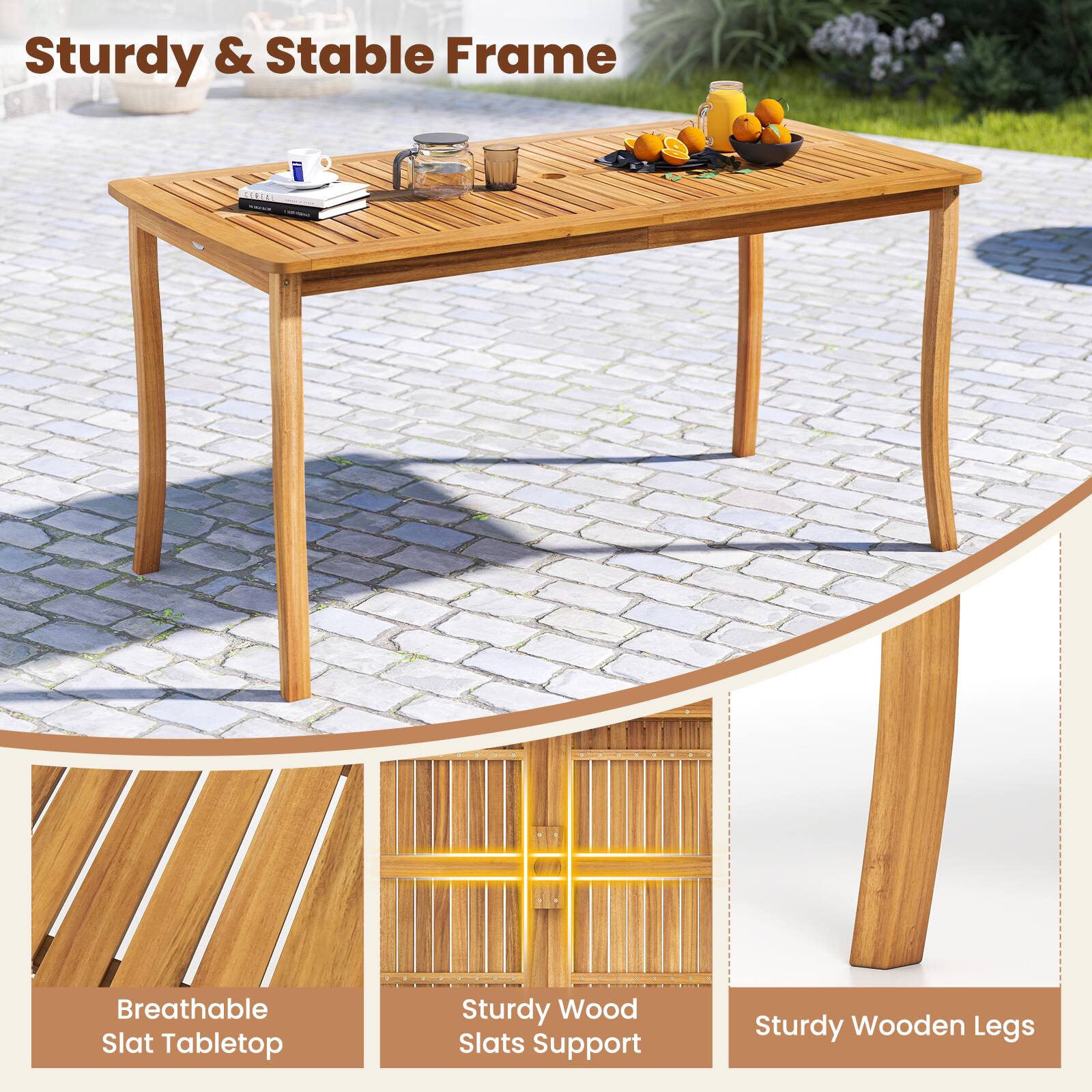 Sturdy & Stable Frame  
Breathable Slat Tabletop  
Sturdy Wood Slats Support  
Sturdy Wooden Legs