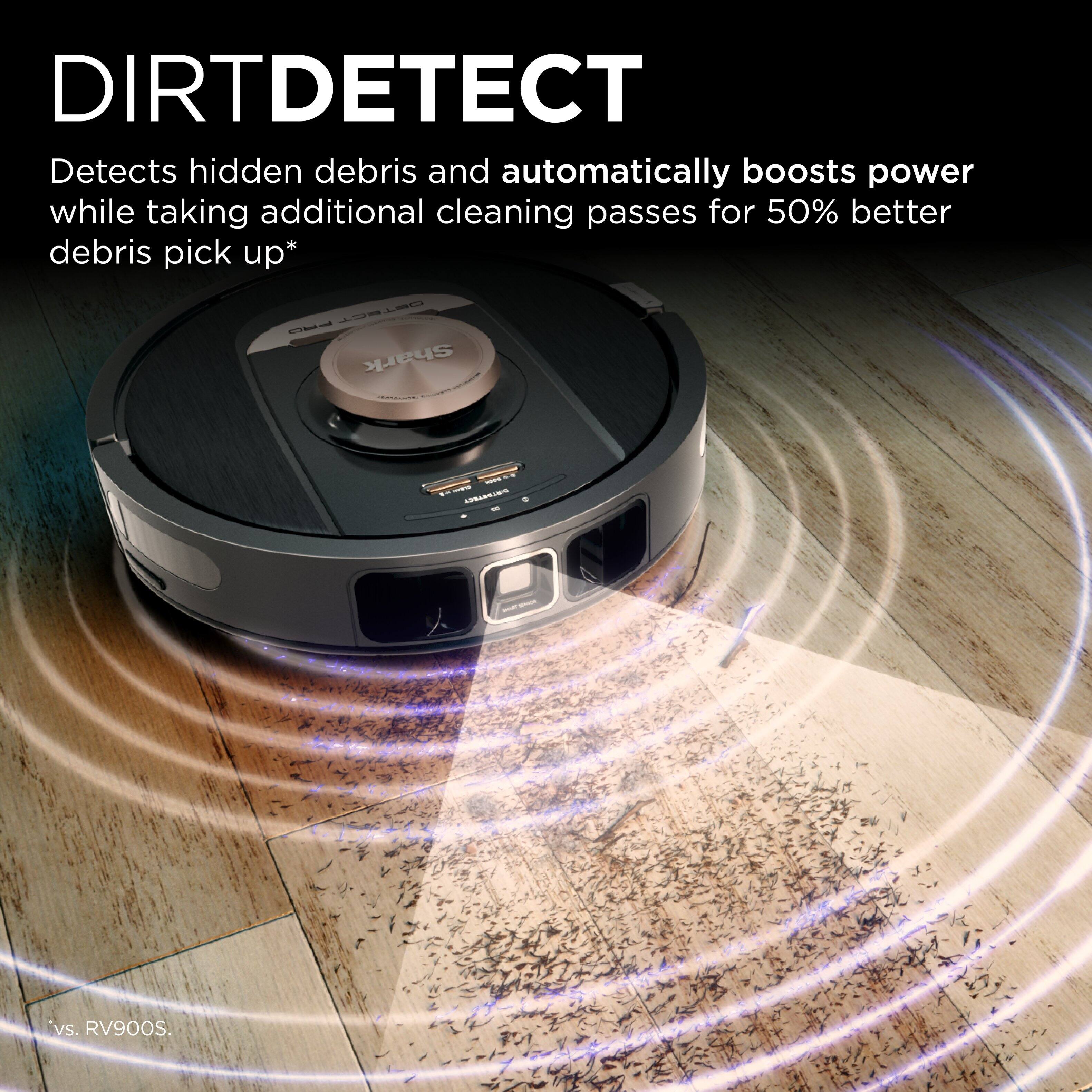 Dirt Detect is a device that detects hidden debris and automatically boosts power while taking additional cleaning passes for 50% better debris pick up. It is designed to work with the Shark and RV900s vacuum cleaners.