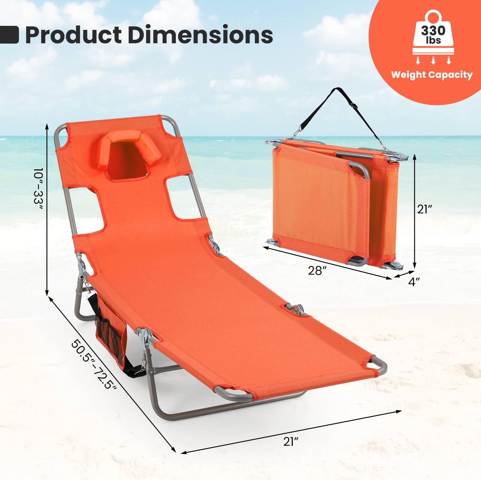 Product Dimensions:  
- 10"-33"  
- 21"  
- 28"  
- 4"  
- 50.5"-72.5"  
- 21"  

Weight Capacity: 330 lbs