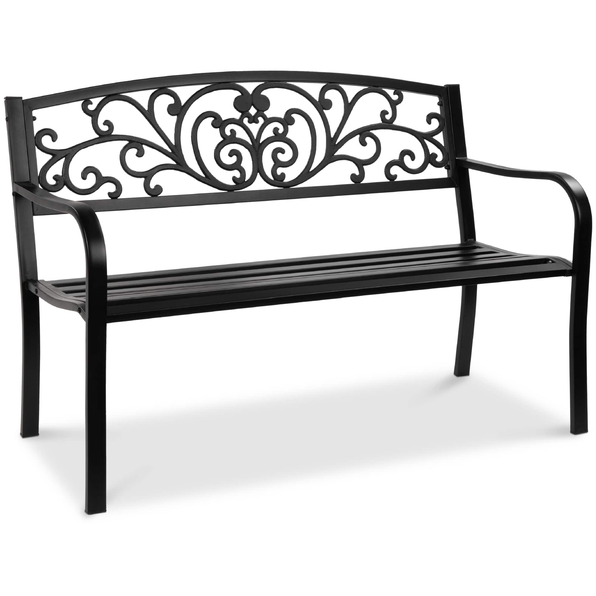 Best Choice Products - Outdoor Steel Bench Garden Patio Porch Furniture w/ Floral Design Backrest - Black