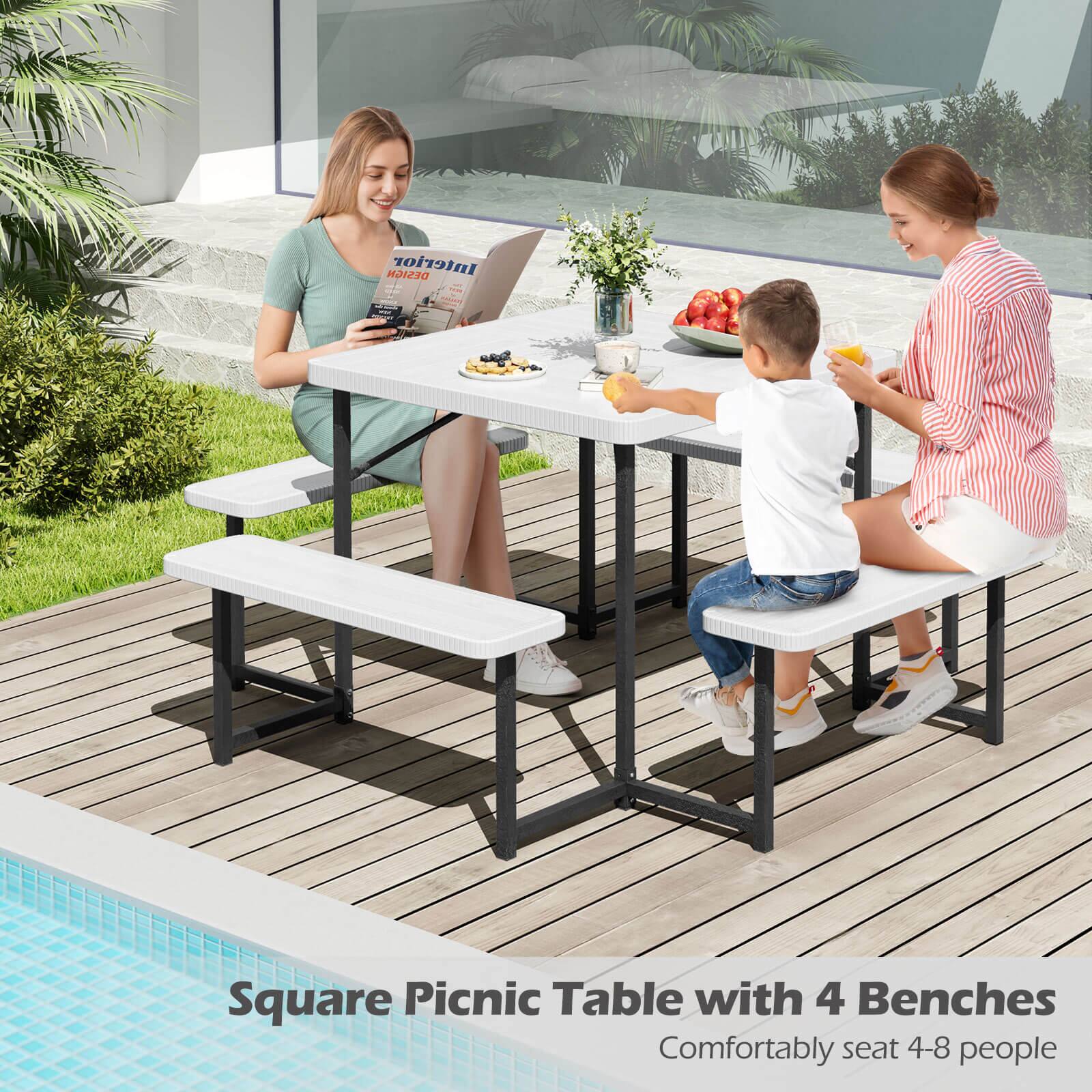Design Interior - Square Picnic Table with 4 Benches, comfortably seats 4-8 people.