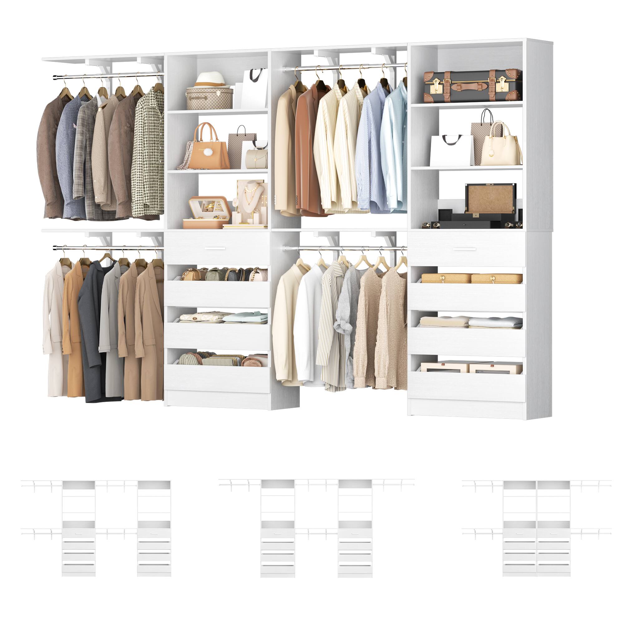 Angle. Aheaplus - 7-12FT Custom Wood Closet Organizer with 8 Drawers & 4 Adjustable Hanging Rods, Holds 1000+ Lbs - White.