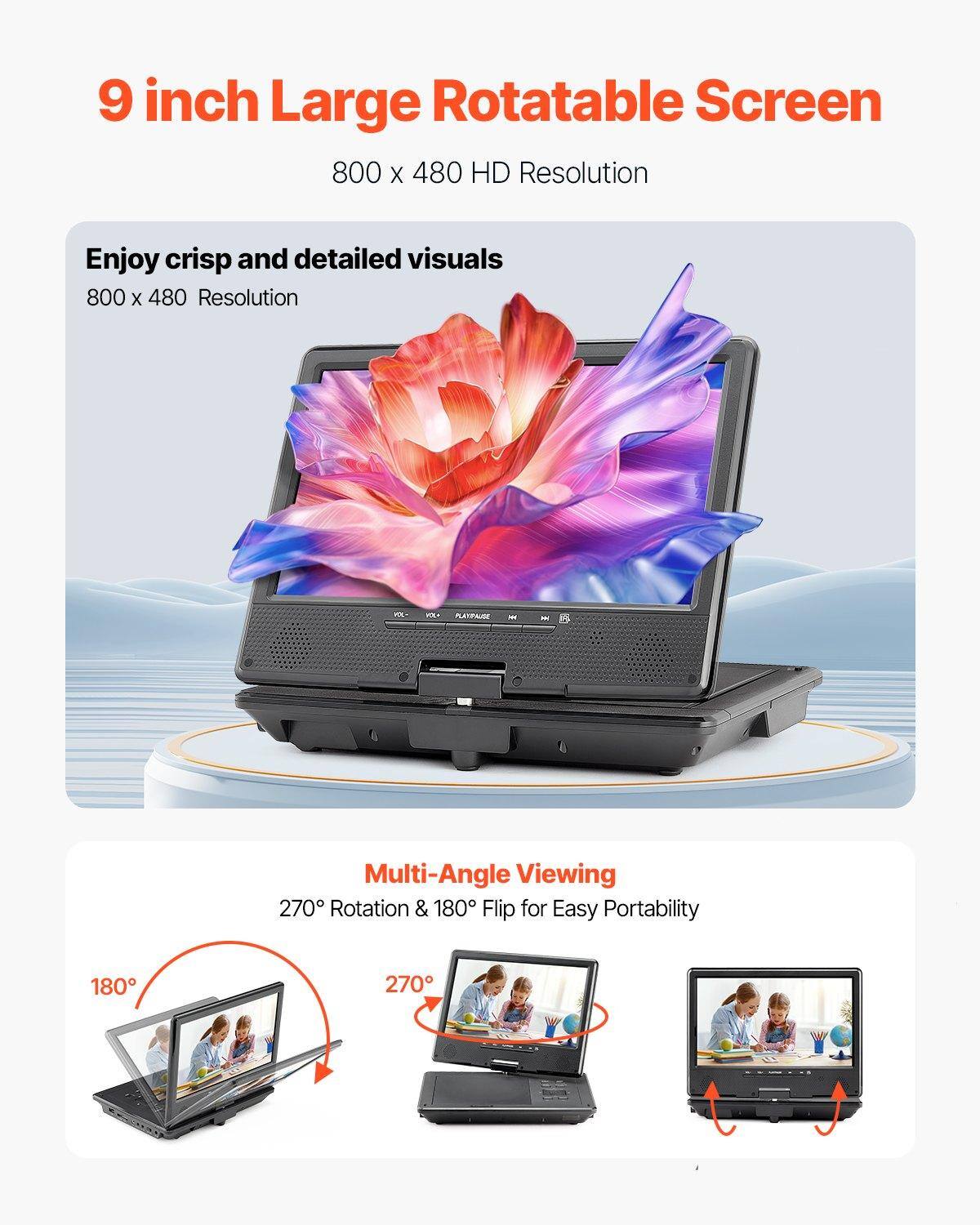 9 inch Large Rotatable Screen  
800 x 480 HD Resolution  

Enjoy crisp and detailed visuals  
800 x 480 Resolution  

Multi-Angle Viewing  
270° Rotation & 180° Flip for Easy Portability