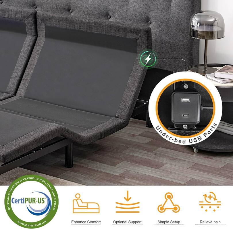 Under-bed USB Ports, CertiPUR-US, Enhance Comfort, Optional Support, Simple Setup, Relieve pain