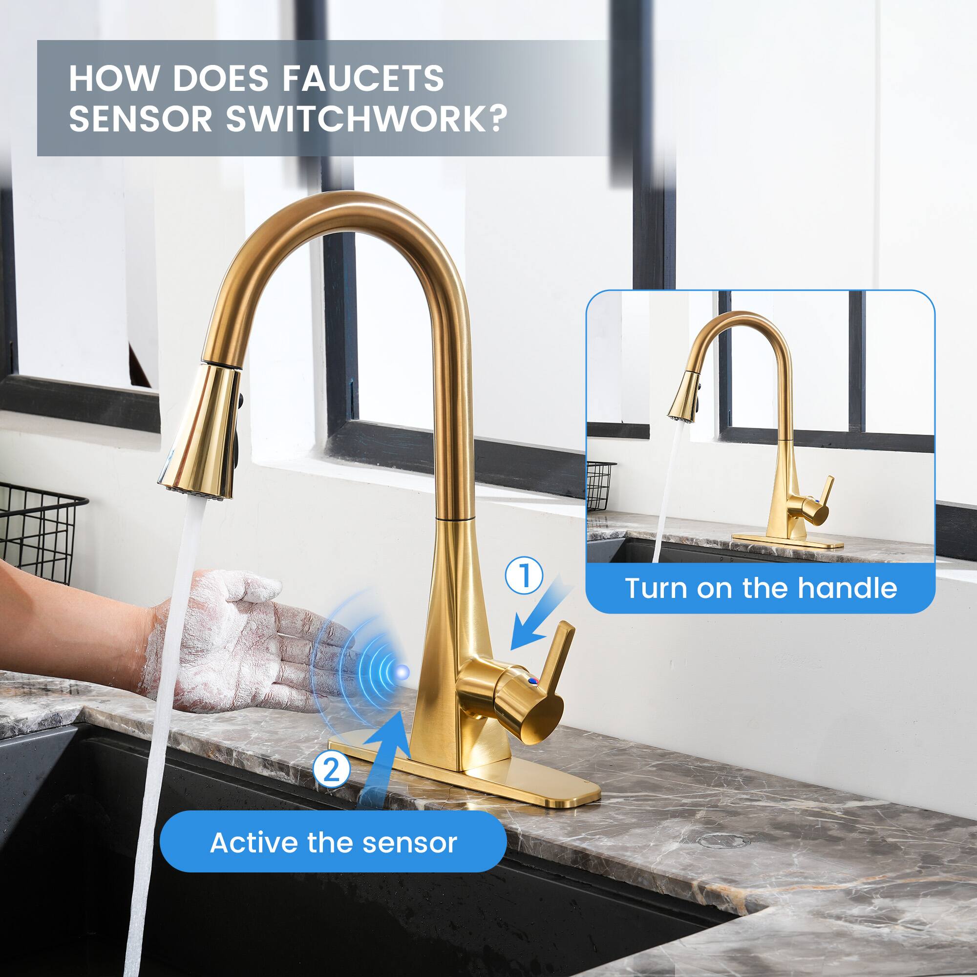 HOW DOES FAUCETS SENSOR SWITCH WORK?

1. Turn on the handle
2. Activate the sensor