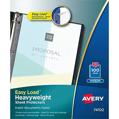 Easy Load™
WIDER OPENING INSERT DOCUMENTS FASTER
Hille Reid
PROPOSAL
01 January
Easy Load™
Heavyweight
Sheet Protectors
Insert documents faster
Thicker and more durable - Ideal for long term storage
Acid-Free - Archival safe - Won't lift print
AVERY
74102
100 PACK
NON-GLARE