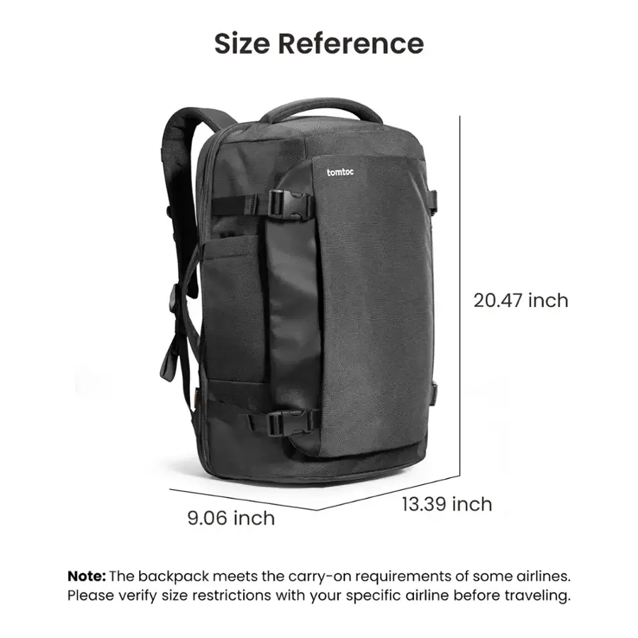 Size Reference: The backpack measures 20.47 inches in height, 9.06 inches in width, and 13.39 inches in depth. Note: The backpack meets the carry-on requirements of some airlines. Please verify size restrictions with your specific airline before traveling.
