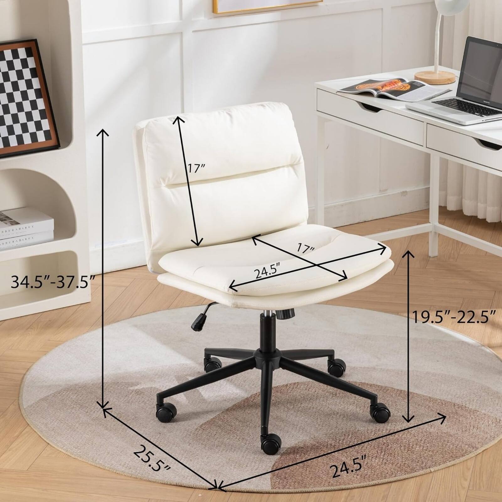 - Height: 17"
- Width: 34.5" - 37.5"
- Depth: 24.5"
- Seat Height: 17"
- Seat Depth: 24.5"
- Back Height: 17"
- Armrest Height: 19.5" - 22.5"
- Base Diameter: 25.5"
- Base Width: 24.5"