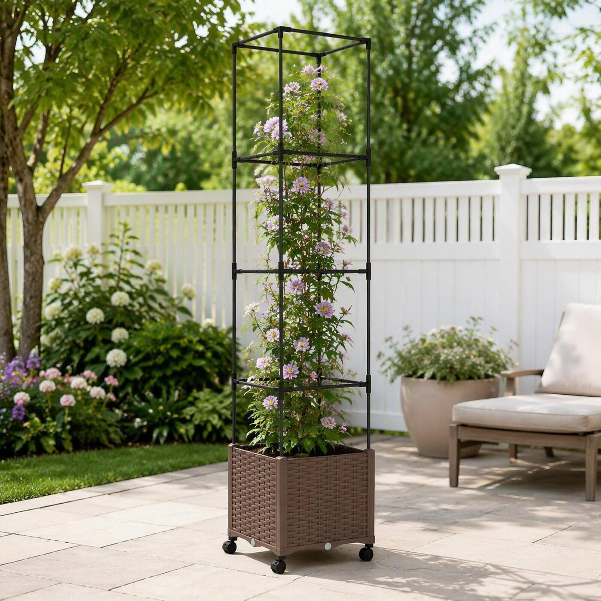 Back. RYHNUYNE - Mobile Raised Garden Bed with Adjustable Trellis and Self-Watering Planter Box on Wheels, 15.7 by 15.7 by 71.7 - Brown.