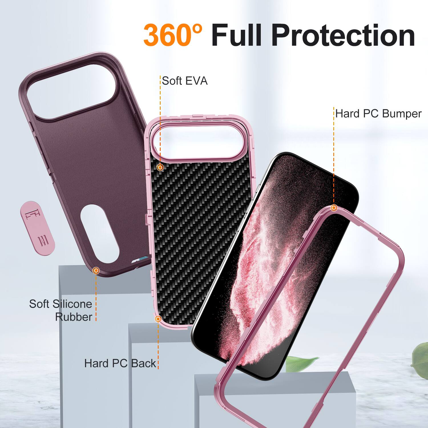 360° Full Protection

Soft EVA

Hard PC Bumper

Soft Silicone Rubber

Hard PC Back
