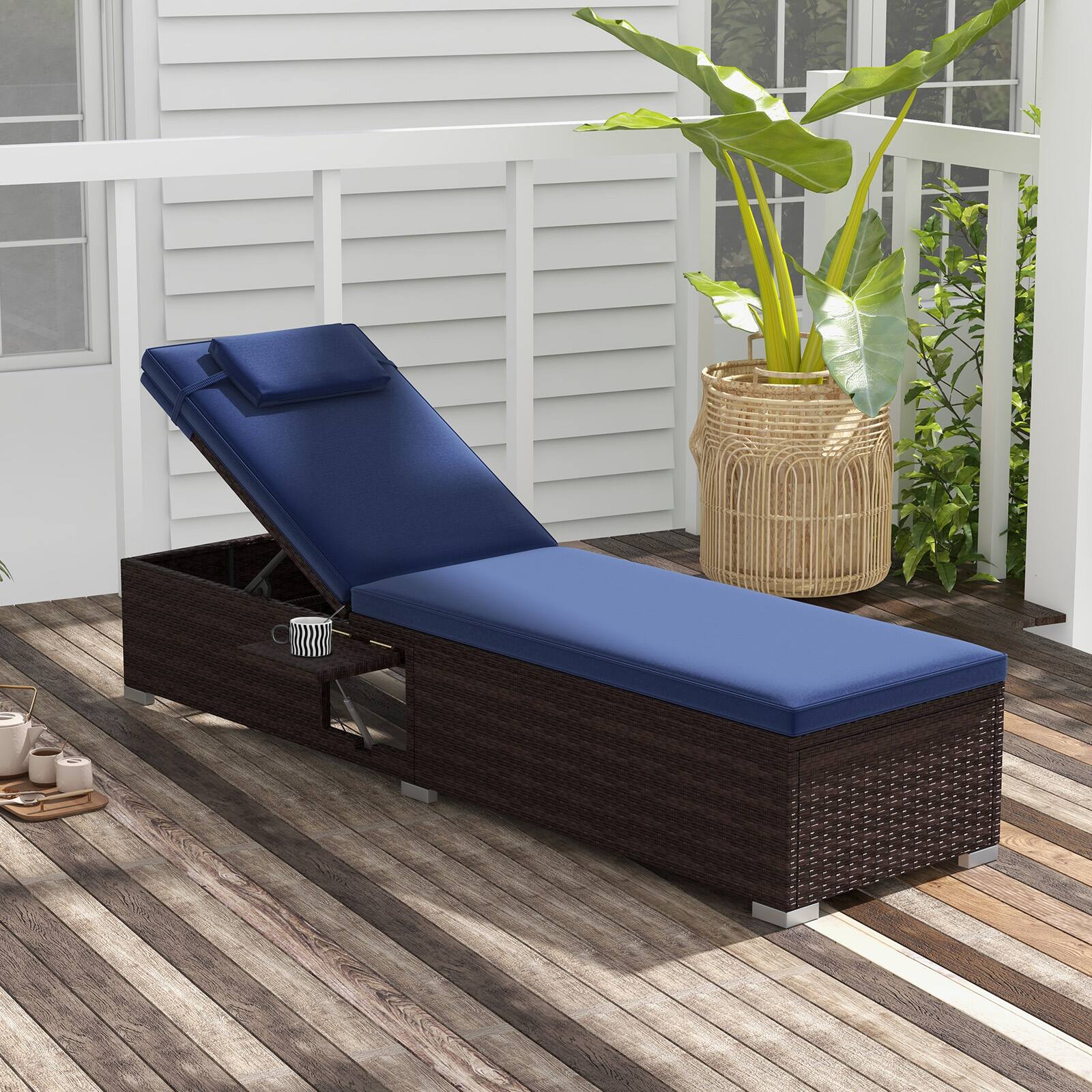 Alt View 1. Costway - 1 PCS Patio Chaise Lounge with 6-level Backrest Comfy Seat Cushion & Headrest Backyard - Mix Brown + Navy.