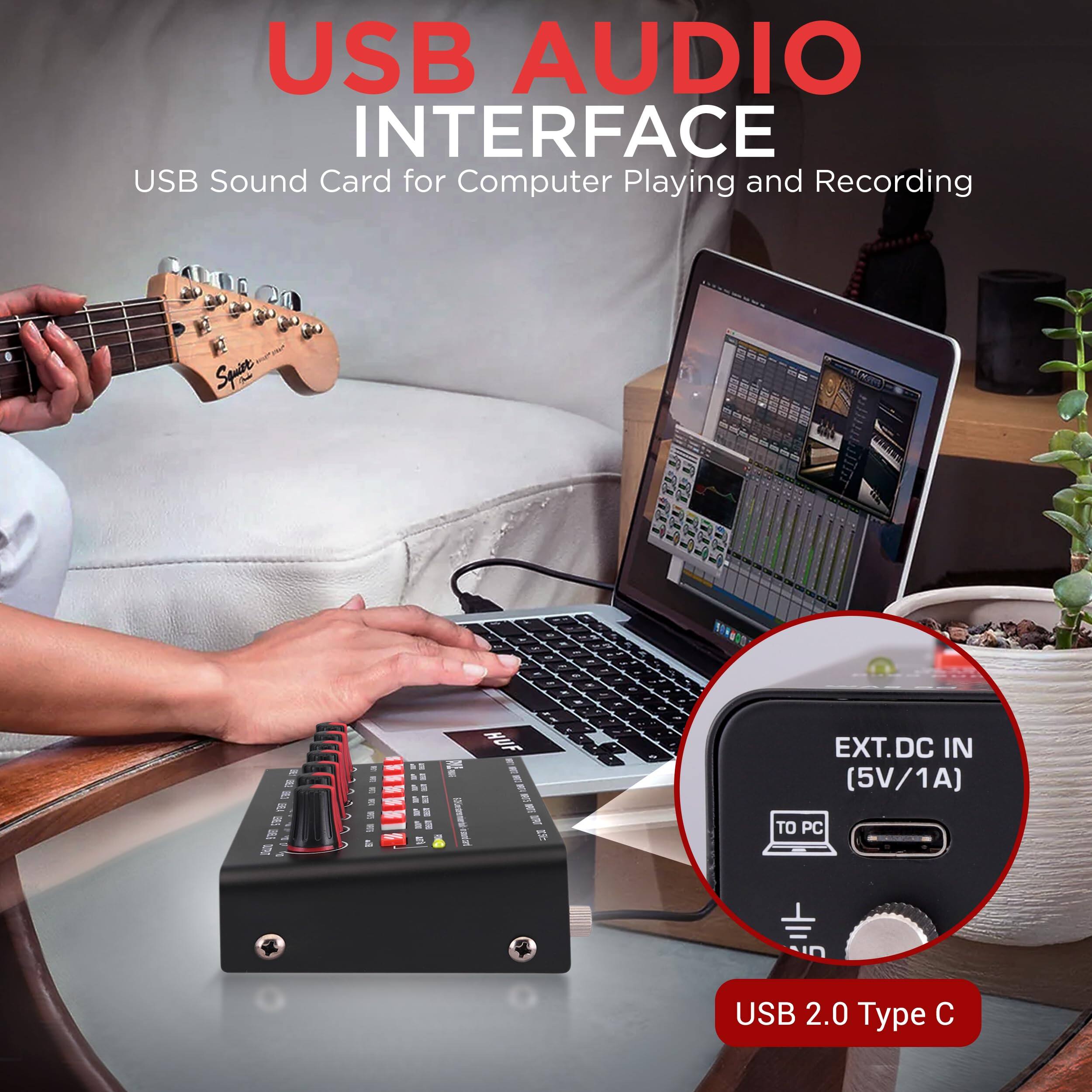 USB AUDIO INTERFACE  
USB Sound Card for Computer Playing and Recording  

EXT.DC IN (5V/1A)  
TO PC  

USB 2.0 Type C