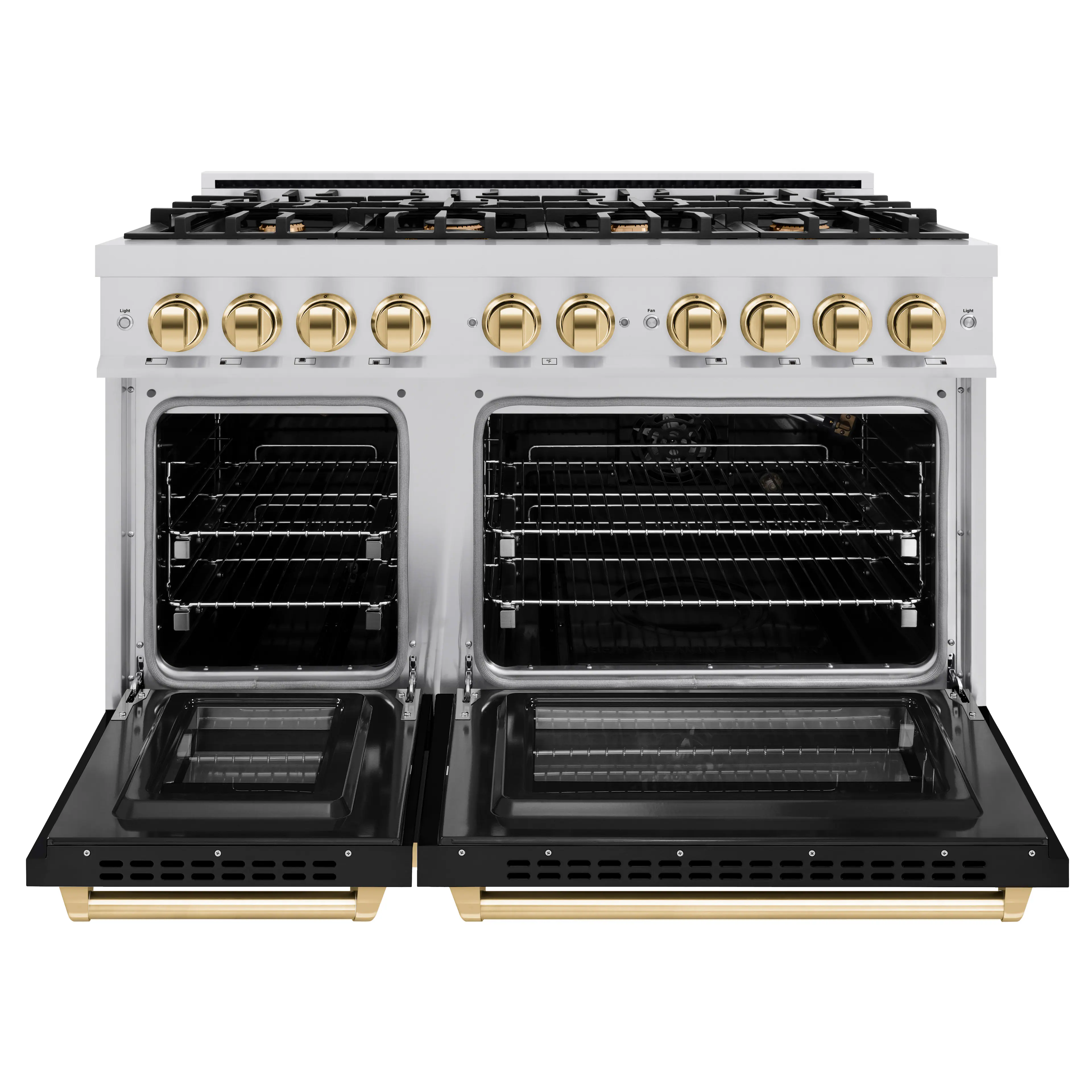 Left. ZLINE - ZLINE Autograph 48 in. 6.7 cu. ft. Freestanding Select Double Oven Gas Range w/ Black Doors & Gold Accents - Stainless Steel.