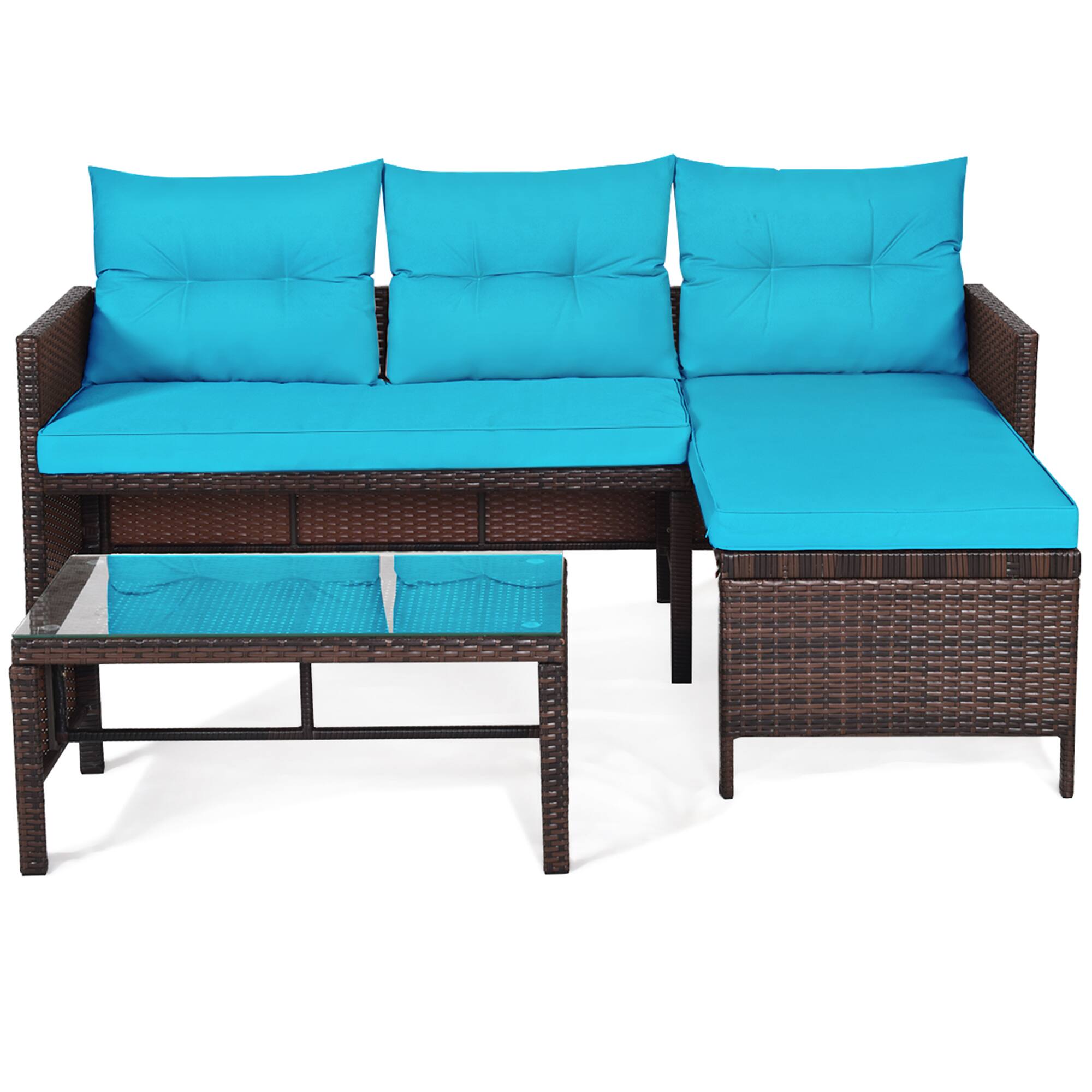 Alt View 3. Gymax - Gymax 3PCS Outdoor Rattan Furniture Set Patio Couch Sofa Set w/ Turquoise Cushion - as pic.