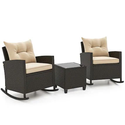Front. Costway - 3 PCS Patio Wicker Rocking Set with Tempered Glass Table & Soft Cushions Outdoor - Beige + Mix Brown.