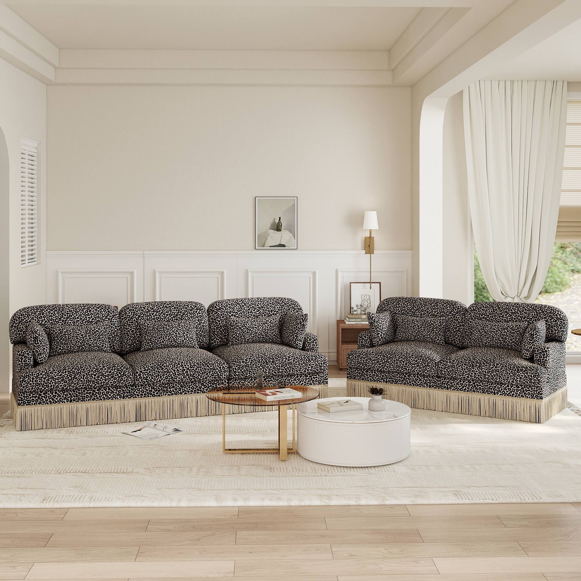 Back. Anysun - 131" Comfy Chenille Leopard Print U-Shaped Modern Fashion Sofa – Delicate Tassel Edge, Movable Ottomans, Easy Assembly - Khaki.