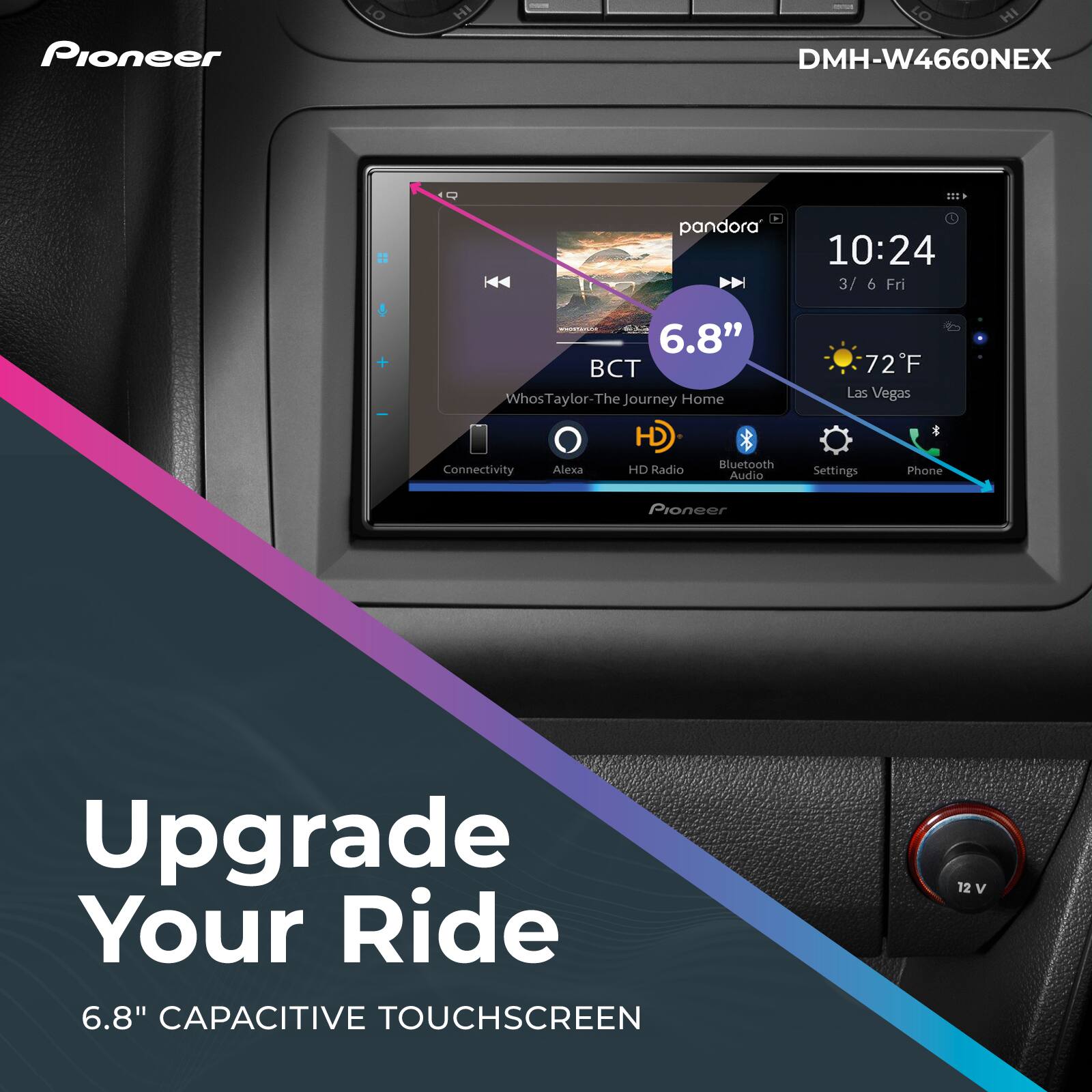 Pioneer DMH-W4660NEX 6.8" capacitive touchscreen with Alexa, HD Radio, Bluetooth connectivity, and audio settings. Upgrade your ride with Pioneer.