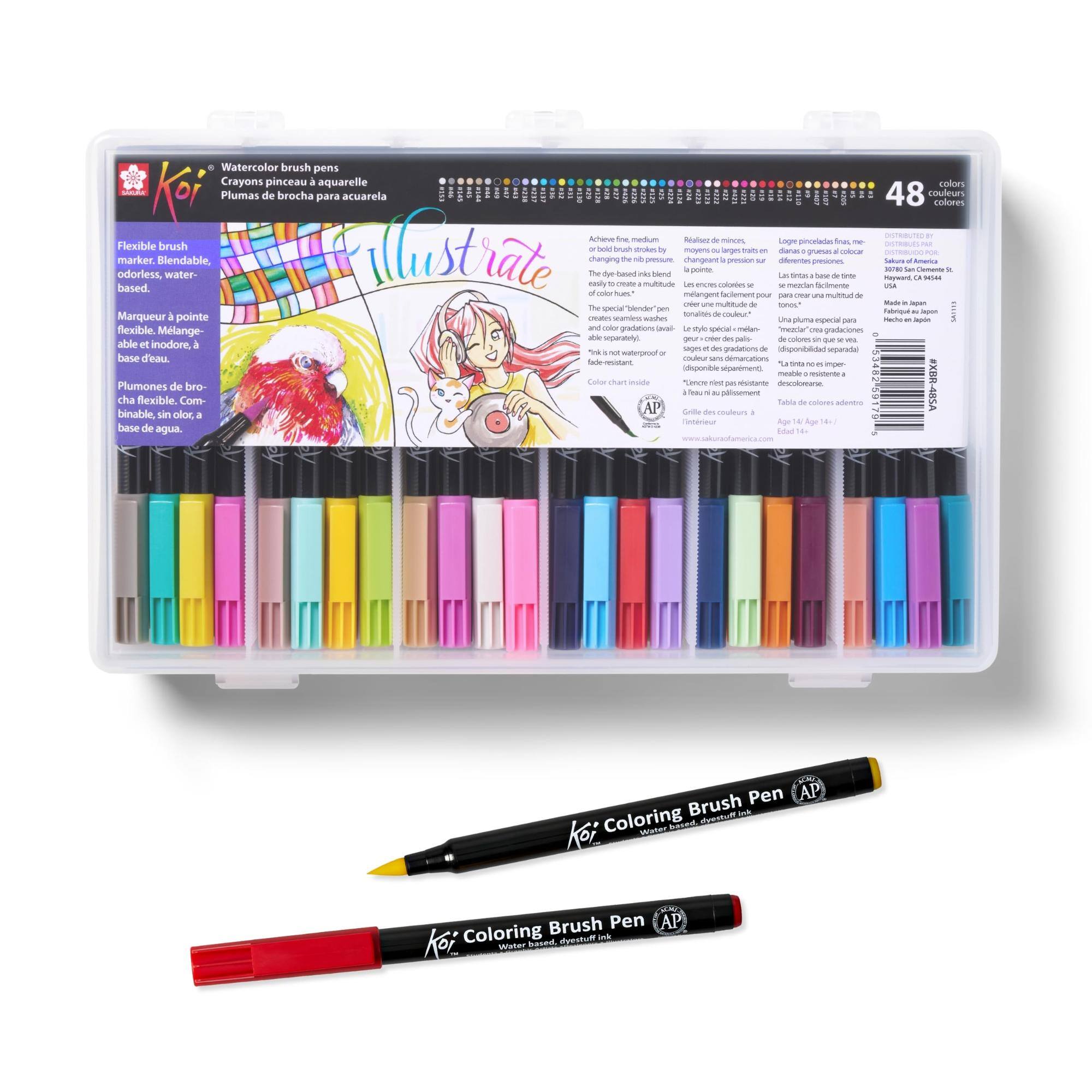 Watercolor brush pens  
Crayons pinceau à aquarelle  
Plumas de brocha para acuarela  

48 couleurs  
colores  

Achieve fine medium  
Réalisez de Monim  
Logre pinceladas finas,  
Flexible brush  
Wartring bod elound strokes!  
by moyens larges dianas gruesas  

Blendable, changing de pressure.  
changeant pression  

Sekura of America  
pointe 30780  

Demente & odorless, water-  
The based info blend  
La tintas base de -  
Heyward CA  

easily CHOCK multitude  
Less calories meacion  
SA based.  

Made Japan  
The special blender pen  
de Rabriqu Marqueur  
pointe watterz washes  
Una especial para Hacha -  
Japn flexible.  

and color gradations land  
Lestylo special mlare meador  
on Mlange-  
able separately),  
geur ceer des palls-  
colores in que able et inodore,  
I sages  
waterproof x base d'eau.  
fade codeur  
fints 90 6 mper Plumones