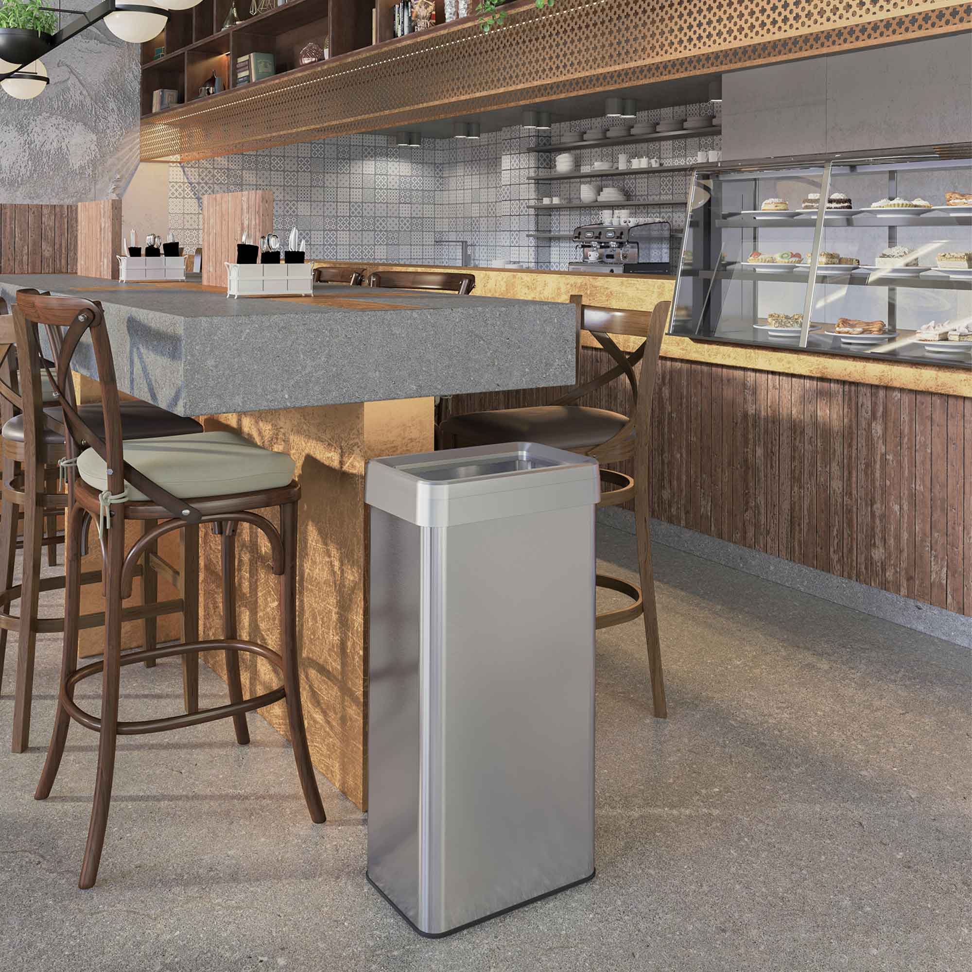 Left. iTouchless - 21 Gallon Stainless Steel Rectangular Open Top Kitchen Trash Can with Wheels and Dual AbsorbX Odor Filters - Silver.