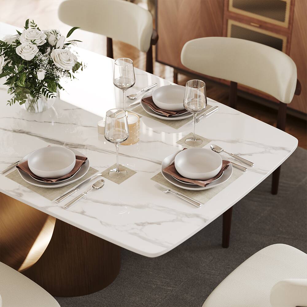 Back. POVISON - 71" Modern Minimalist Dining Table for 4-6, White Rectangular Glossy Sintered Stone Tabletop, Bronze Carbon Steel Leg - Glossy White Sintered Stone with Bronze.