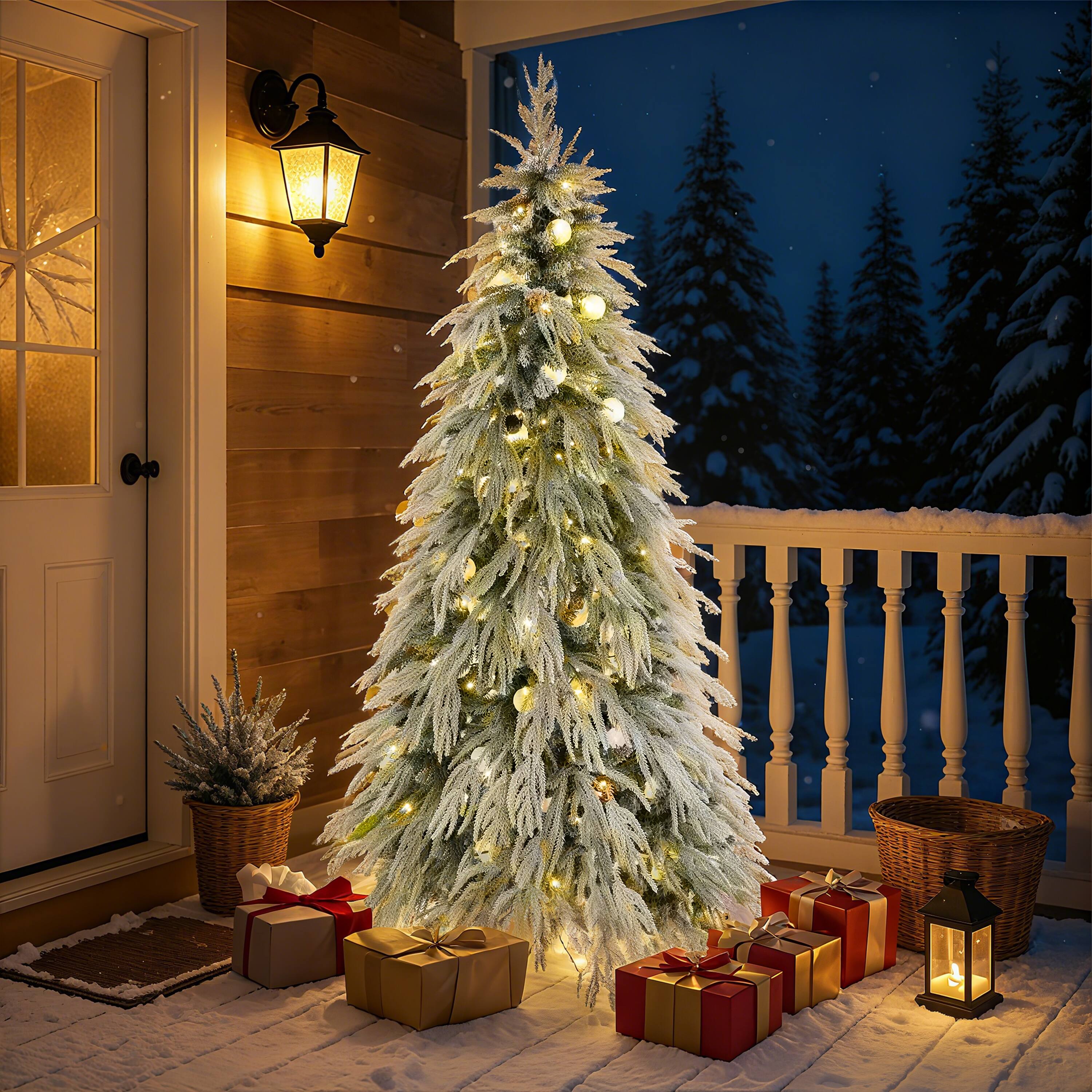 Alt View 1. Jandcase - 5FT Pre-Lit Spruce Snow Flocked Christmas Tree, Artificial Hinged Xmas Tree with LED Lights, Holiday Office Home Décor - White+Green.