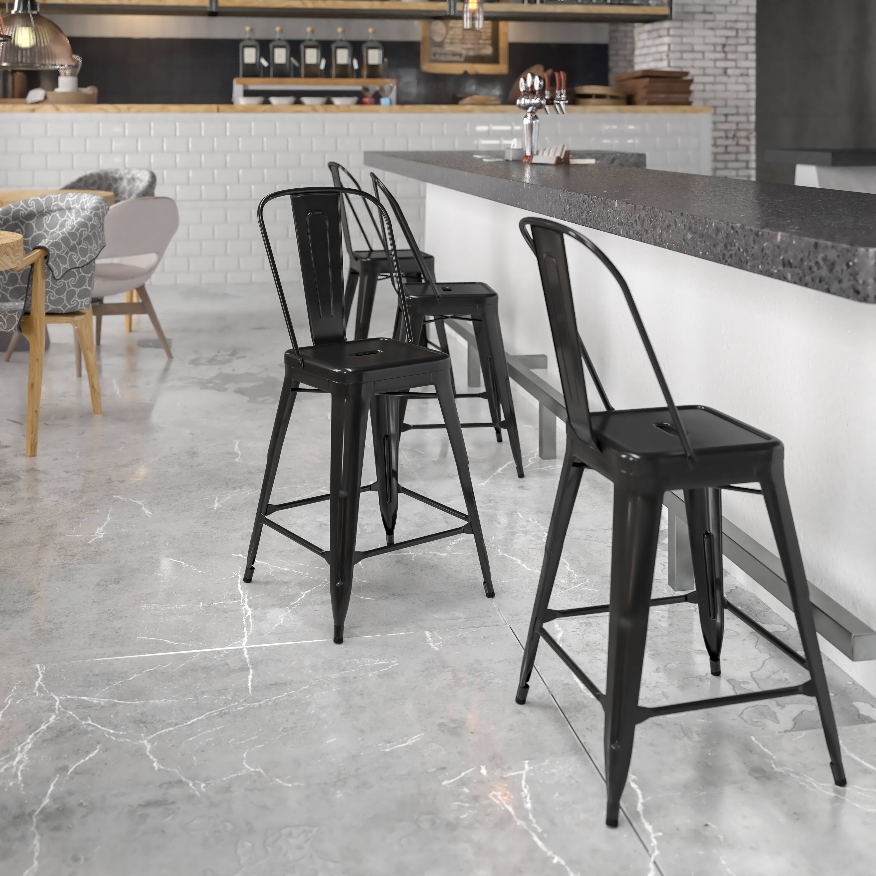 Alt View 1. Emma + Oliver - Commercial Grade 24"H Colorful Metal Indoor-Outdoor Counter Stool with Back - Black.