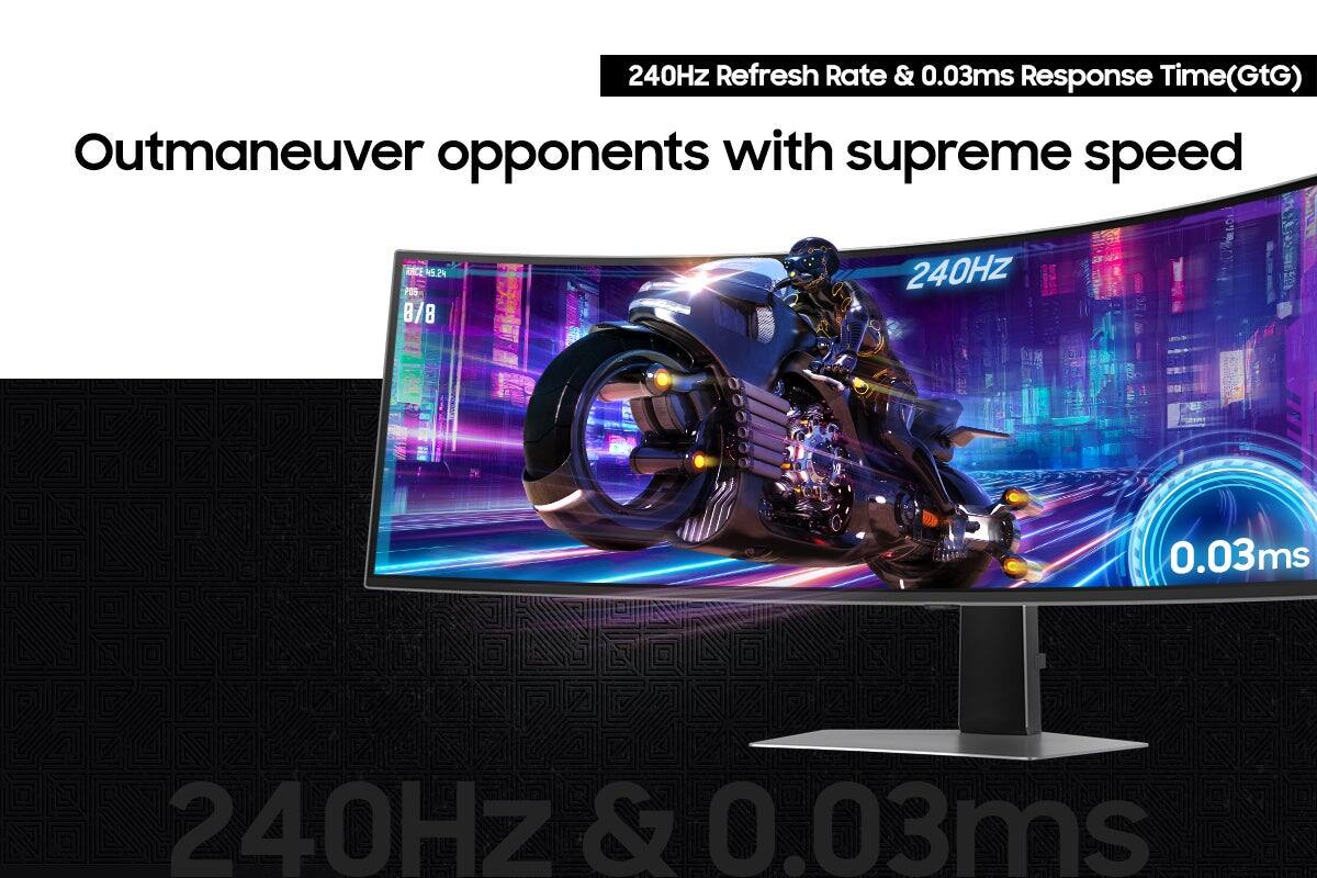 The text on the image is grouped and corrected as follows:

"Outmaneuver opponents with supreme speed. 240Hz Refresh Rate & 0.03ms Response Time (GtG)."