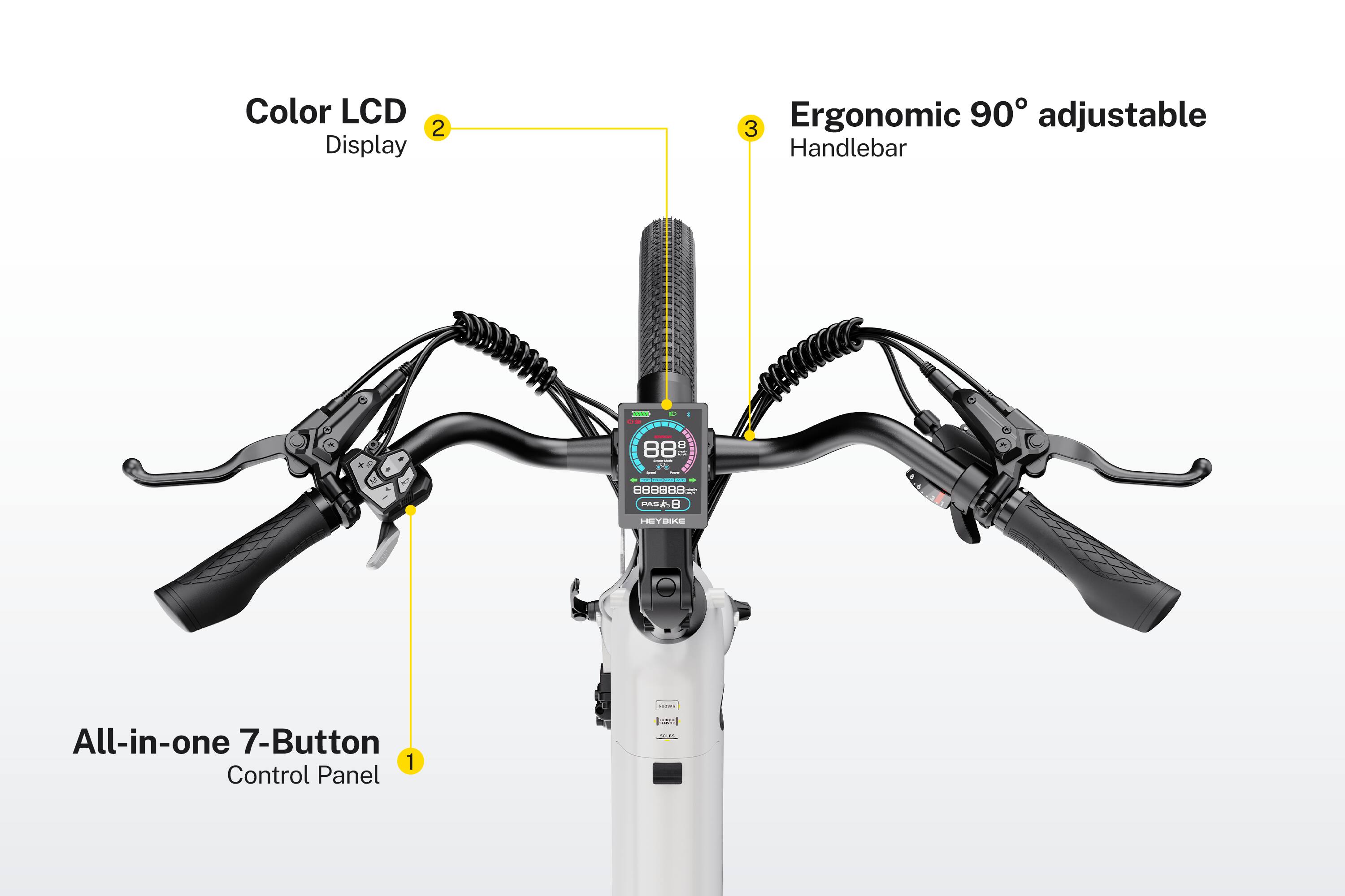 Color LCD Display  
Ergonomic 90° adjustable Handlebar  
All-in-one 7-Button Control Panel