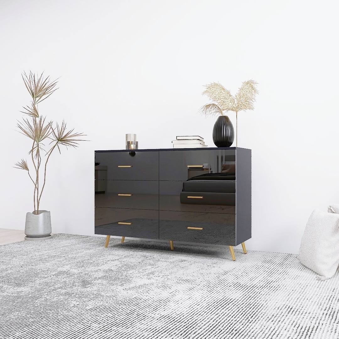 Left. APRILSOUL - High Glossy Surface 6 Drawers Chest of Drawer with Golden Handle and Golden Steel Legs Black Color Vanity - Black.
