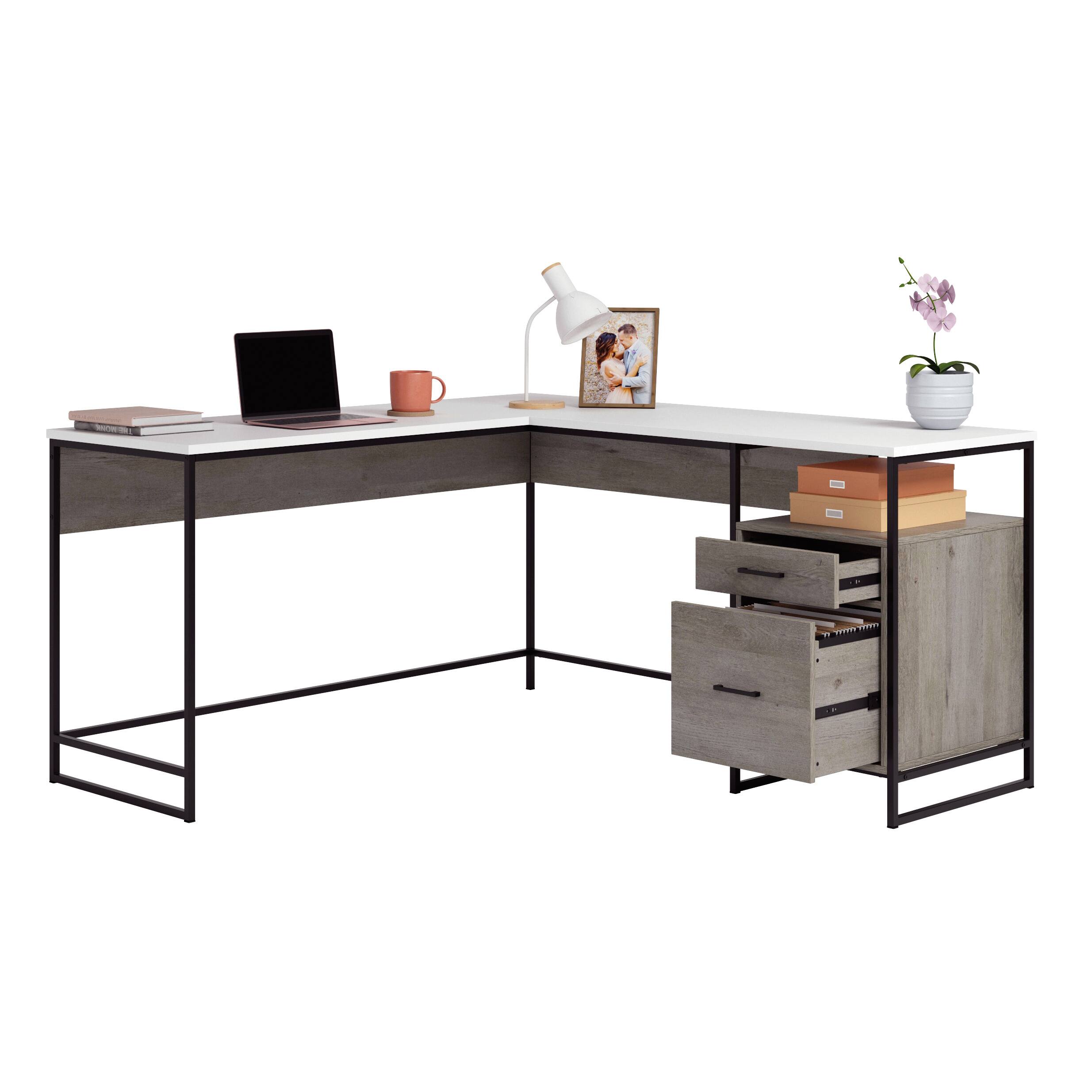 Alt View 5. Spaco - 60x57" L Shaped Computer Desk, Smooth Drawer, File Storage - Brown.