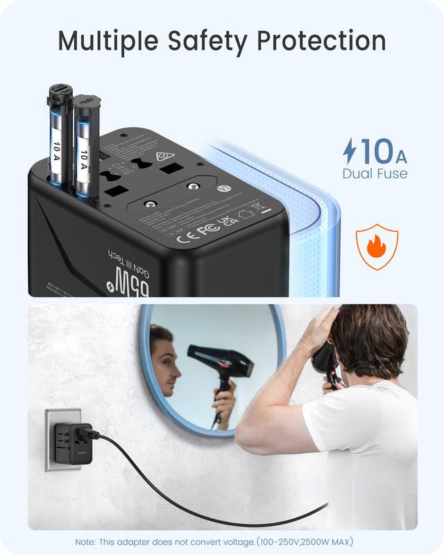 Multiple Safety Protection

10A Dual Fuse

Note: This adapter does not convert voltage. (100-250V, 2500W MAX)