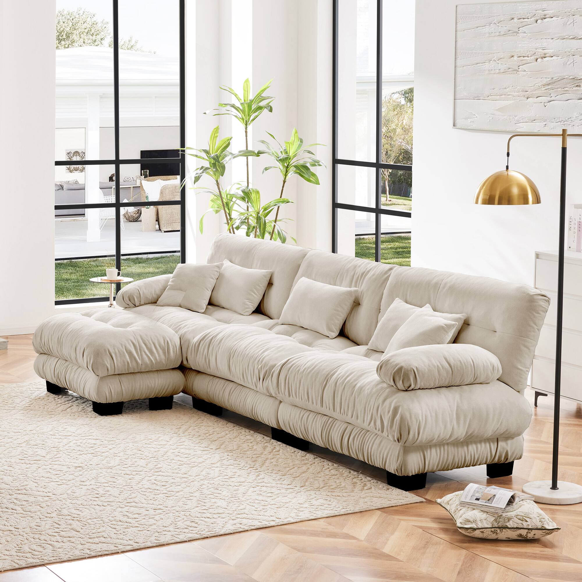 Angle. TinyHomie - Light Coffee Chenille Oversized L shaped Modular Cloud Sectional Sofa with Convertible Ottoman - brown.