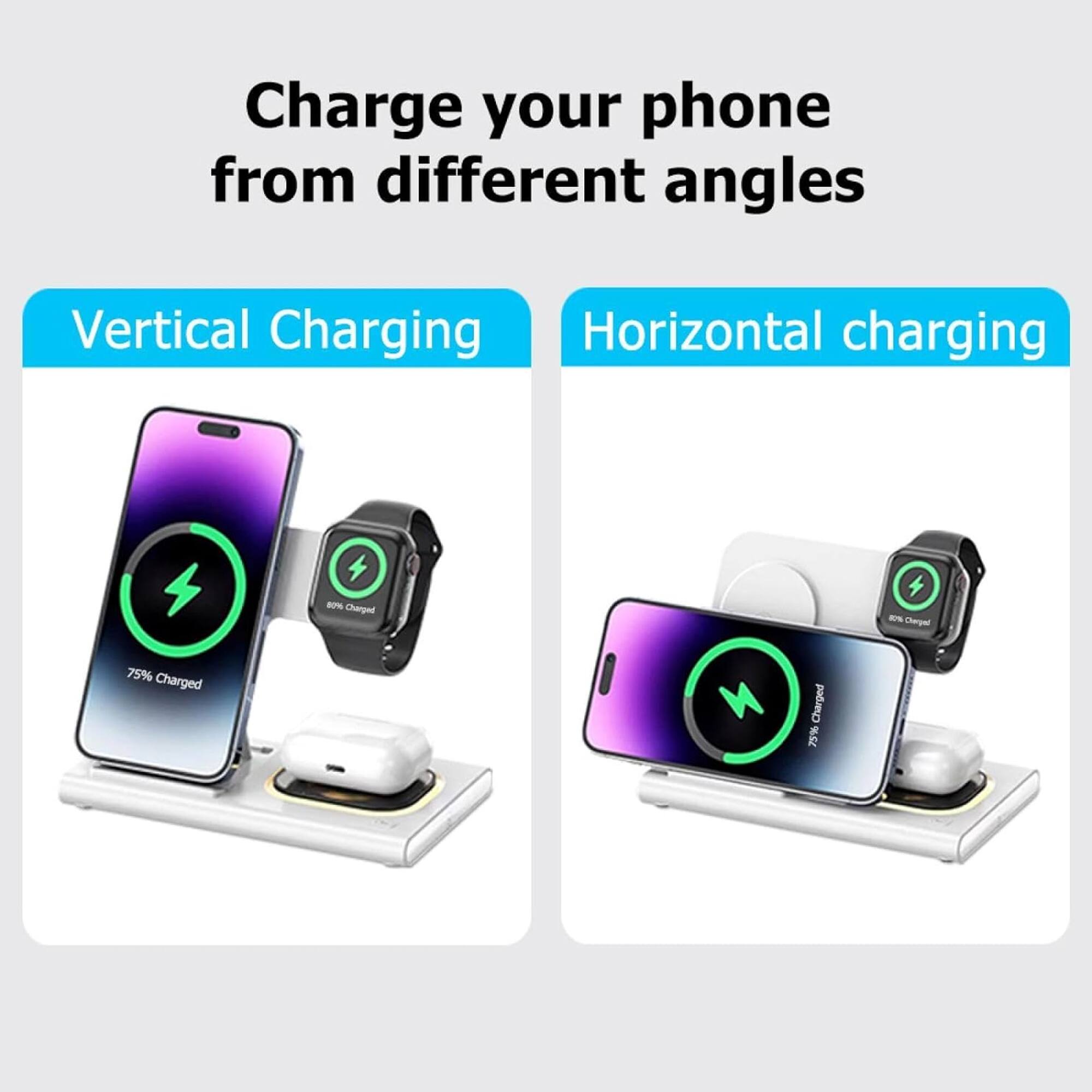 Charge your phone from different angles

Vertical Charging

Horizontal charging

75% Charged

75% Charged