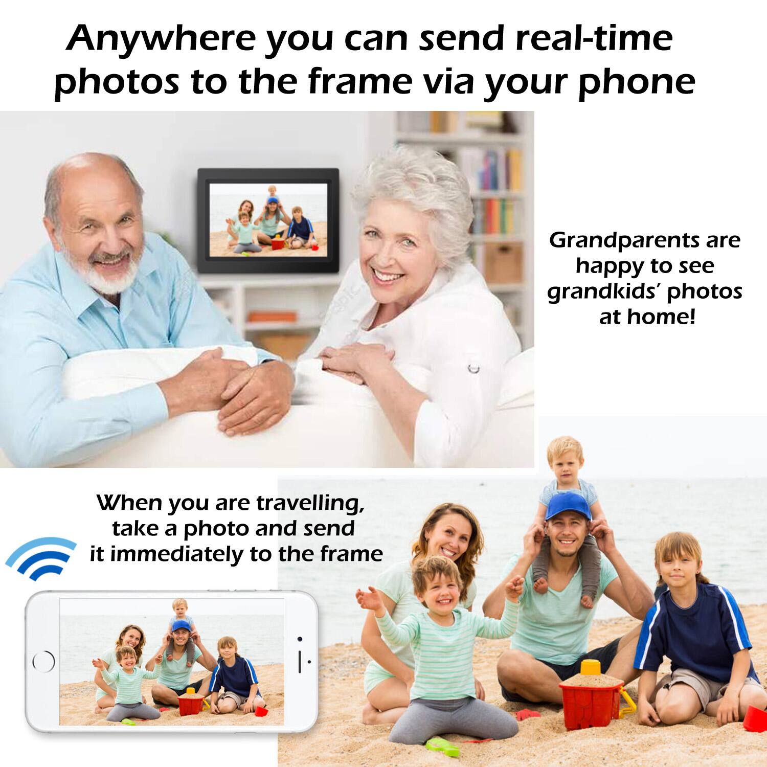 Anywhere you can send real-time photos to the frame via your phone

Grandparents are happy to see grandkids' photos at home!

When you are travelling, take a photo and send it immediately to the frame