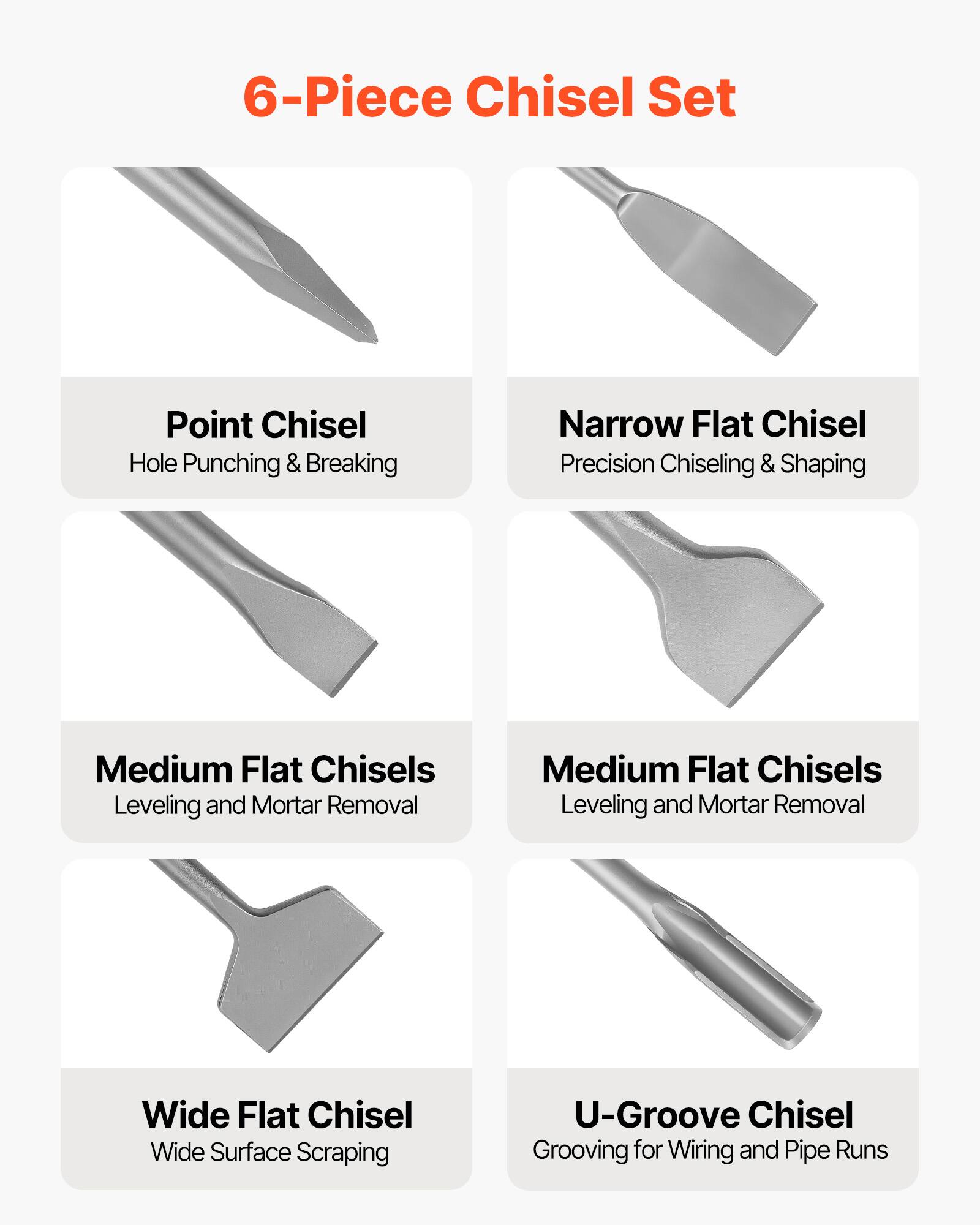 6-Piece Chisel Set

- Point Chisel: Hole Punching & Breaking
- Narrow Flat Chisel: Precision Chiseling & Shaping
- Medium Flat Chisels: Leveling and Mortar Removal
- Medium Flat Chisels: Leveling and Mortar Removal
- Wide Flat Chisel: Wide Surface Scraping
- U-Groove Chisel: Grooving for Wiring and Pipe Runs