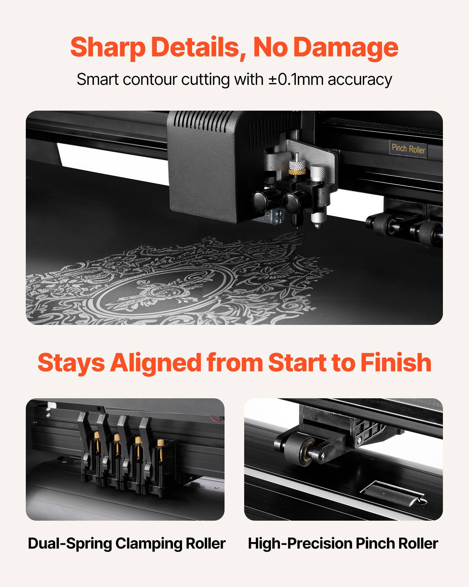 Sharp Details, No Damage  
Smart contour cutting with ±0.1mm accuracy  

Stays Aligned from Start to Finish  
Dual-Spring Clamping Roller  
High-Precision Pinch Roller