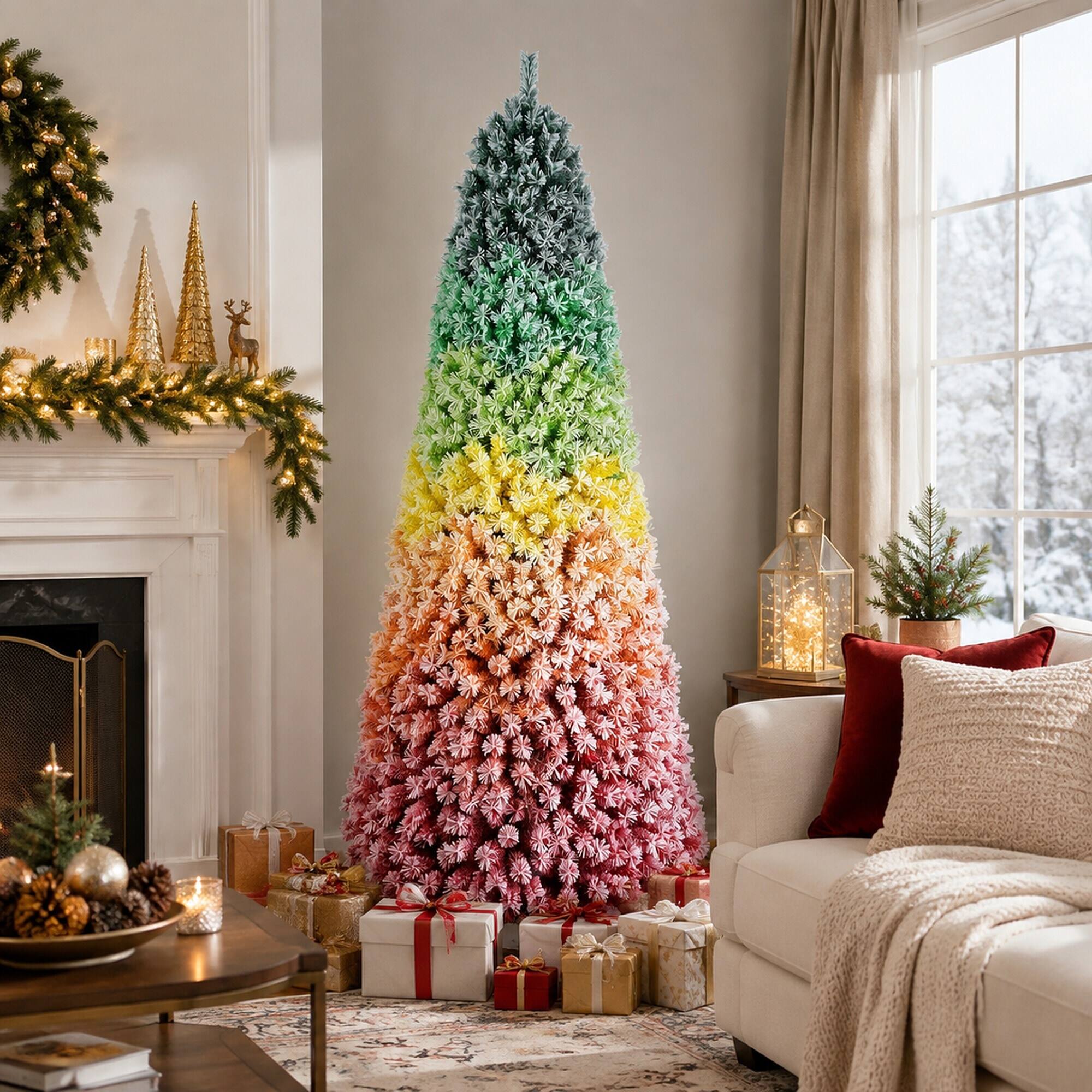 Left. RYHNUYNE - 6Ft Rainbow Gradient Flocked PVC Christmas Tree, 1326 Tips Colorful Full-Bodied Pine Snowy Finish Hinged Design - Colorful.
