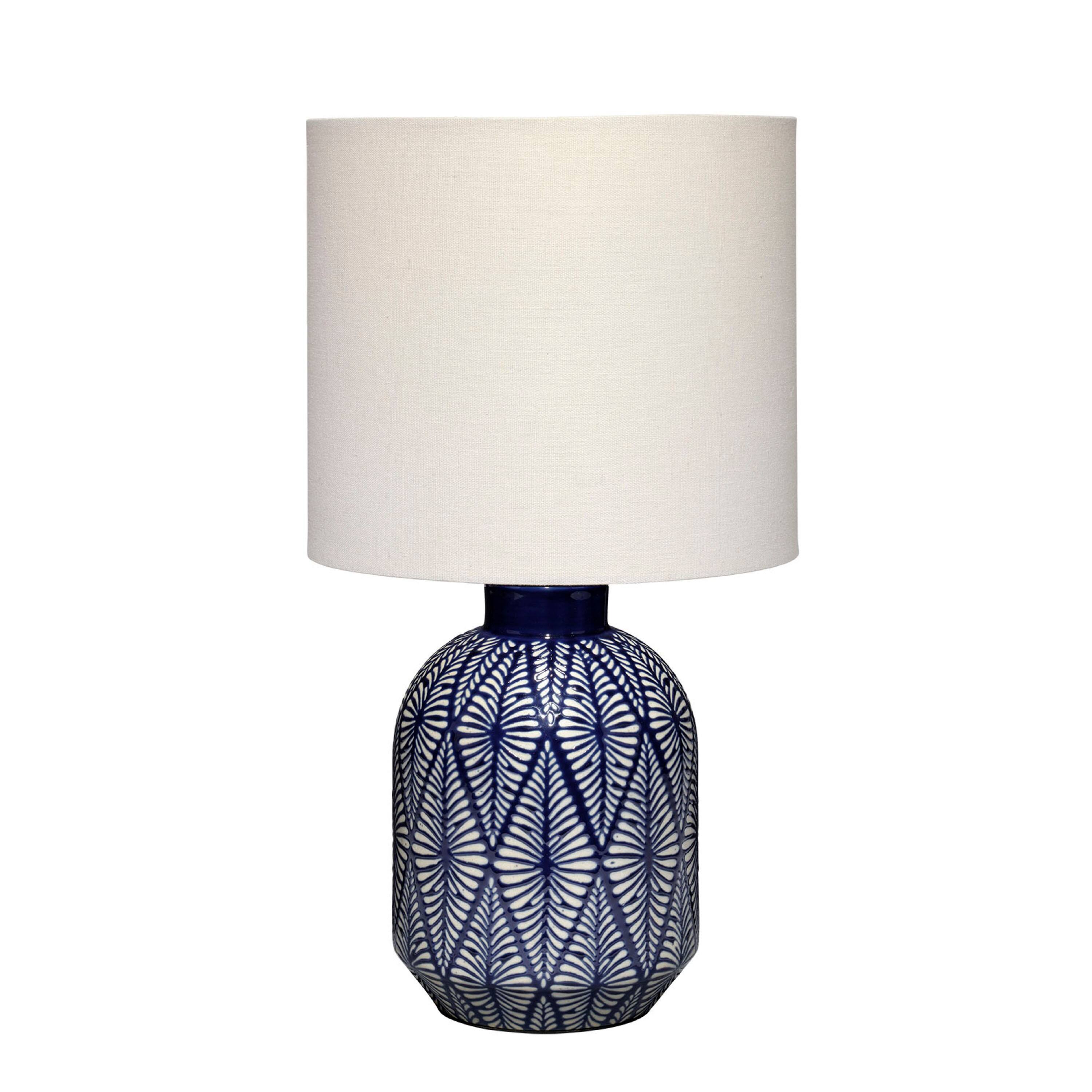 Angle. Manhattan Lane - Hyla Accent Table Lamp, 17 Inch, Linen, Geometric Ceramic - Cream, Indigo Blue, White.