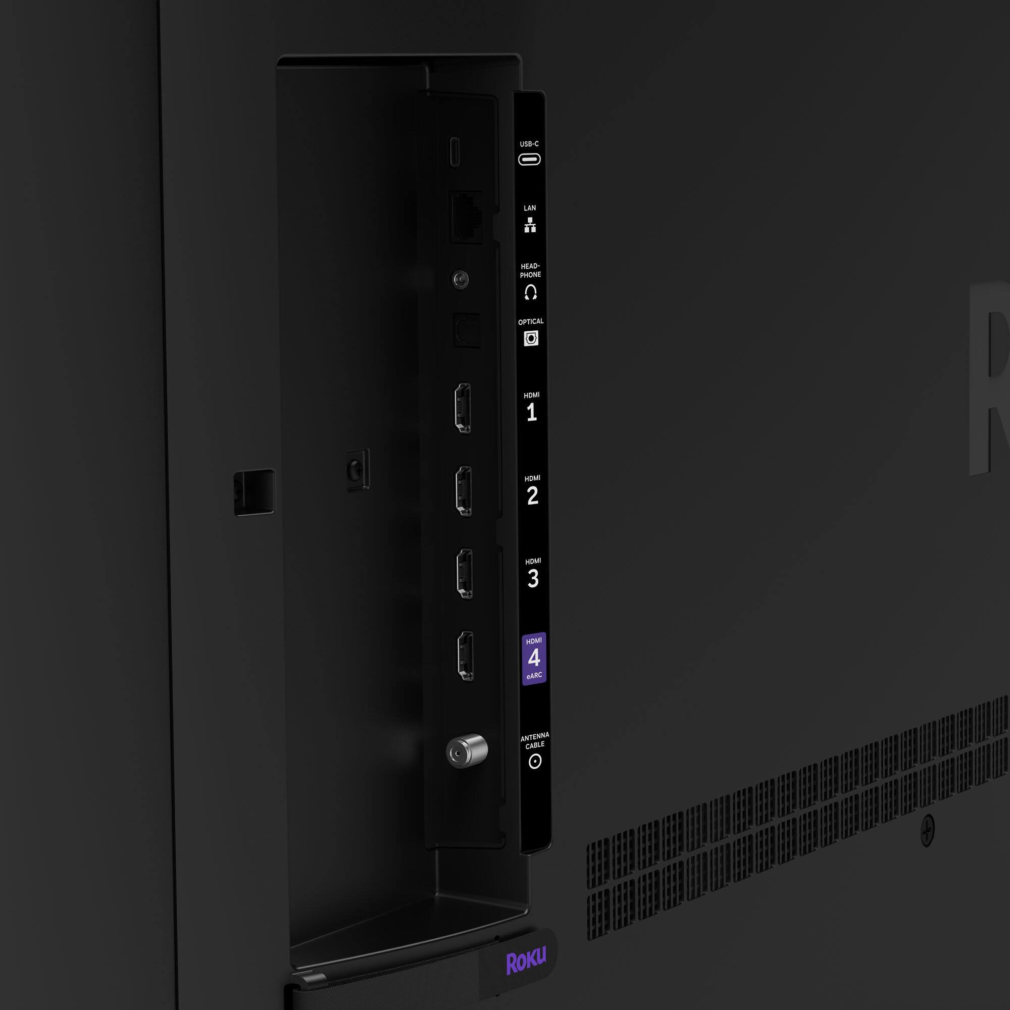- USB-C - LAN - HEADPHONE - OPTICAL - HDMI 1 - HDMI 2 - HDMI 3 - HDMI 4 - ANTENNA CABLE - ROKU